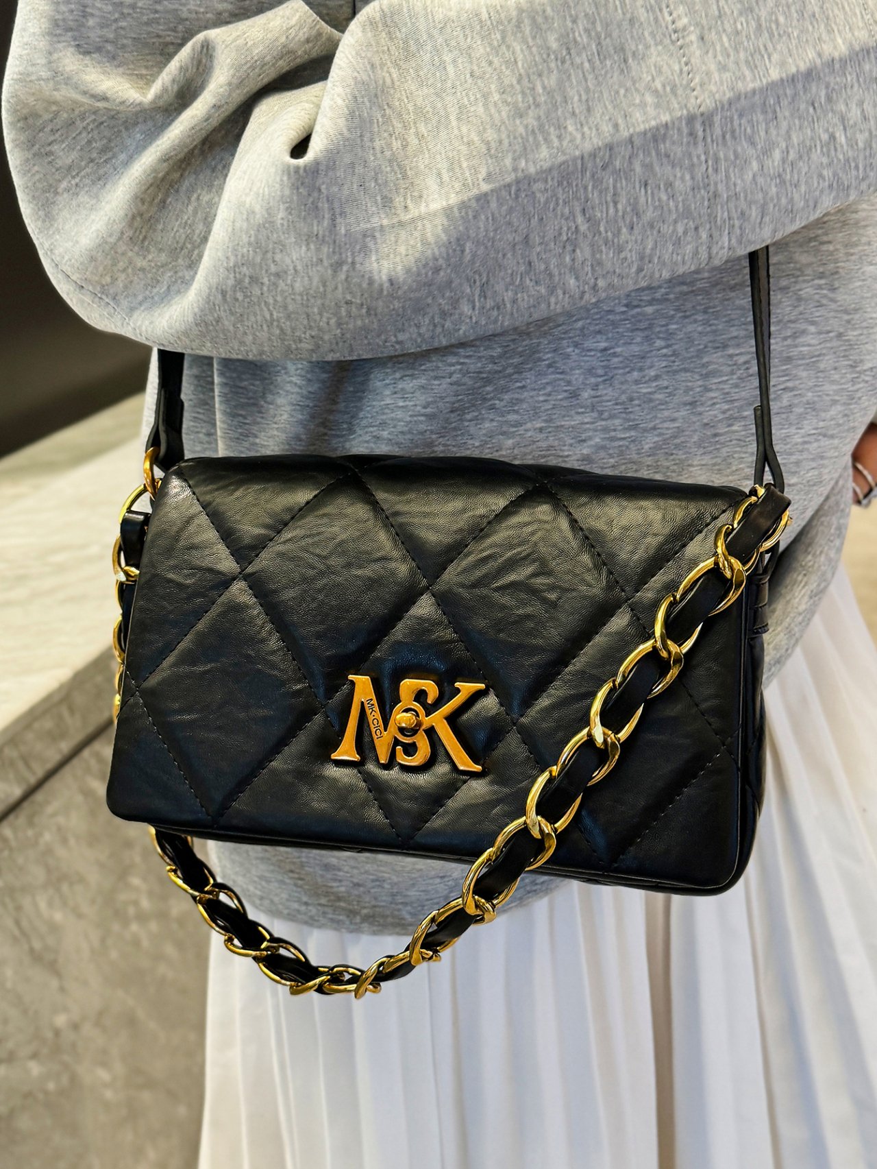 Black Quilted Crossbody Bag with Chain Strap