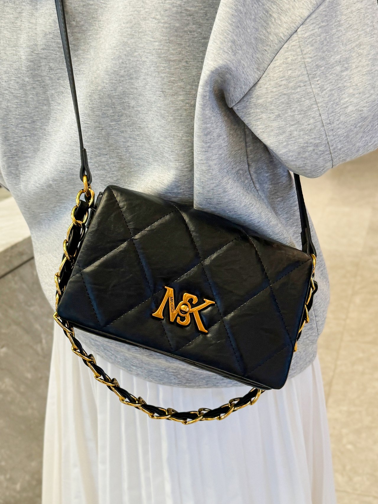 Black Quilted Crossbody Bag with Chain Strap