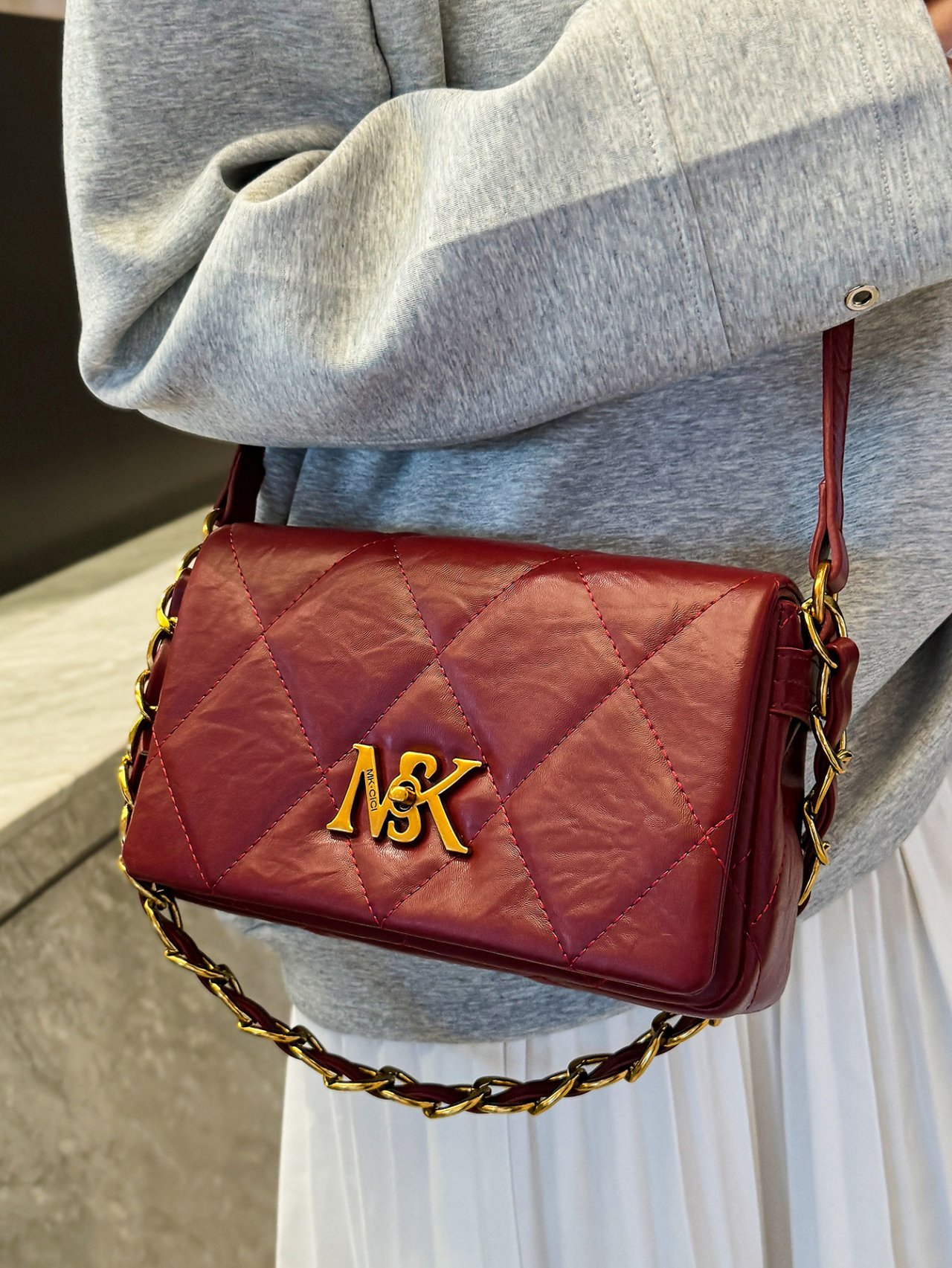 Red Quilted Crossbody Bag with Gold Chain