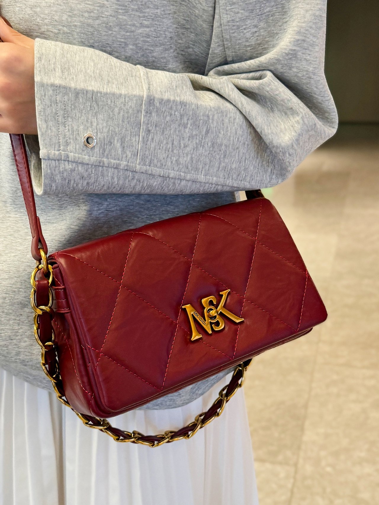 Red Quilted Crossbody Bag with Gold Chain