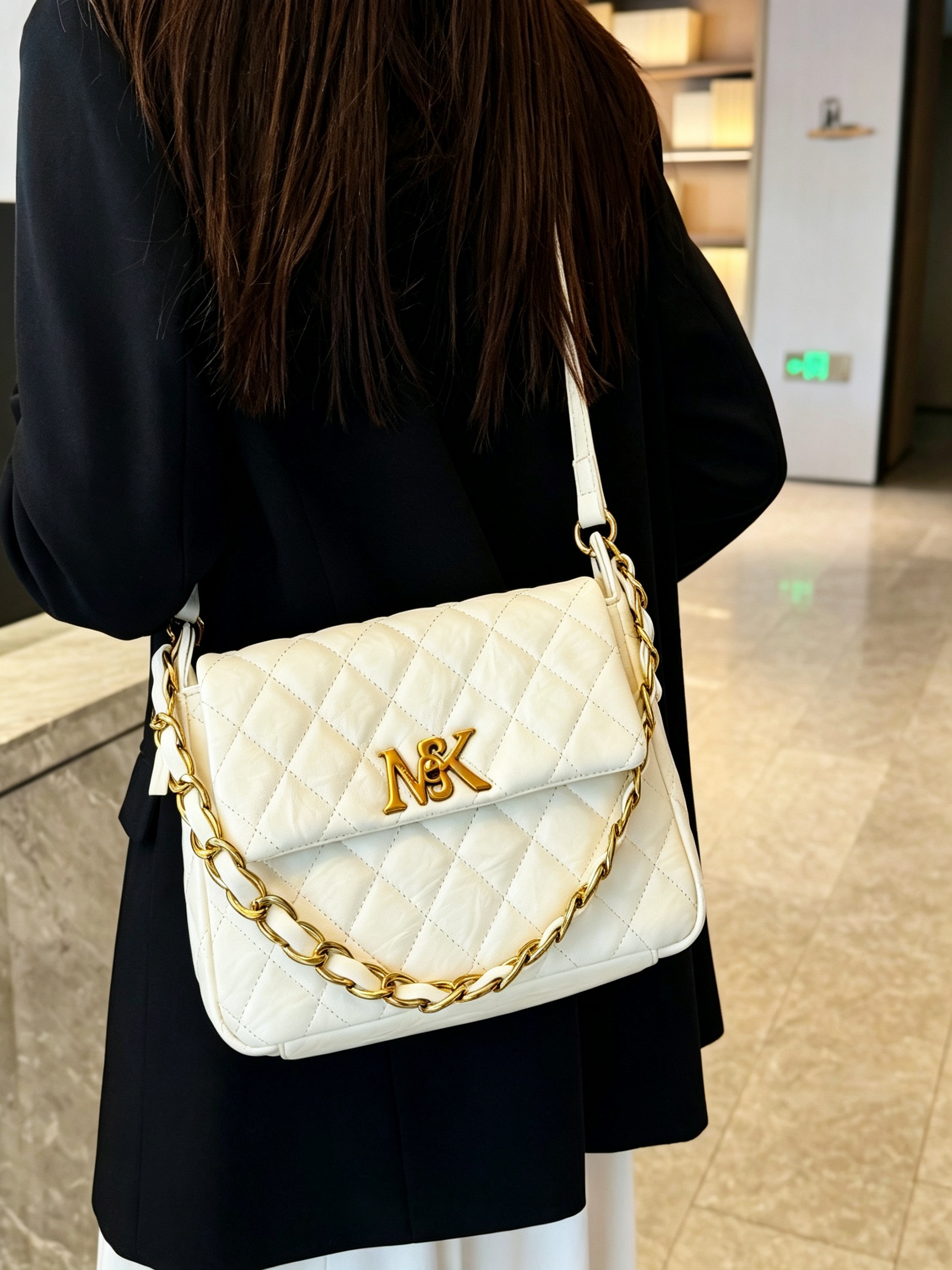 White Quilted Crossbody Bag with Gold Chain Strap