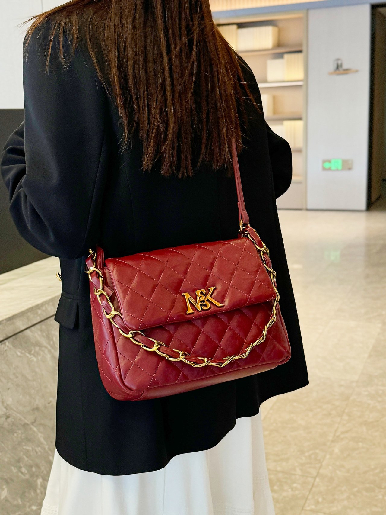 Red Quilted Crossbody Bag with Gold Chain
