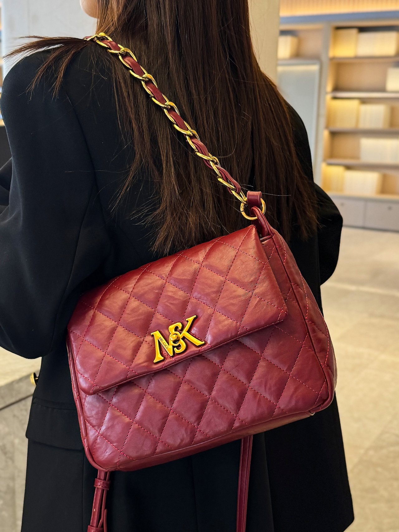 Red Quilted Crossbody Bag with Gold Chain