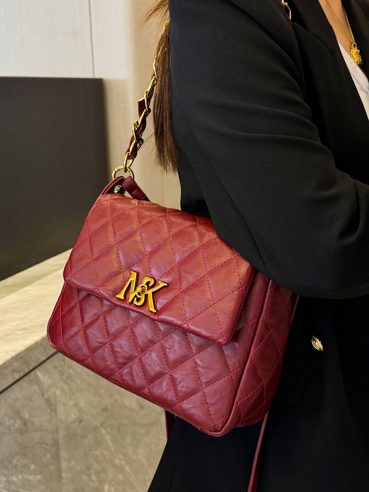 Red Quilted Crossbody Bag with Gold Chain