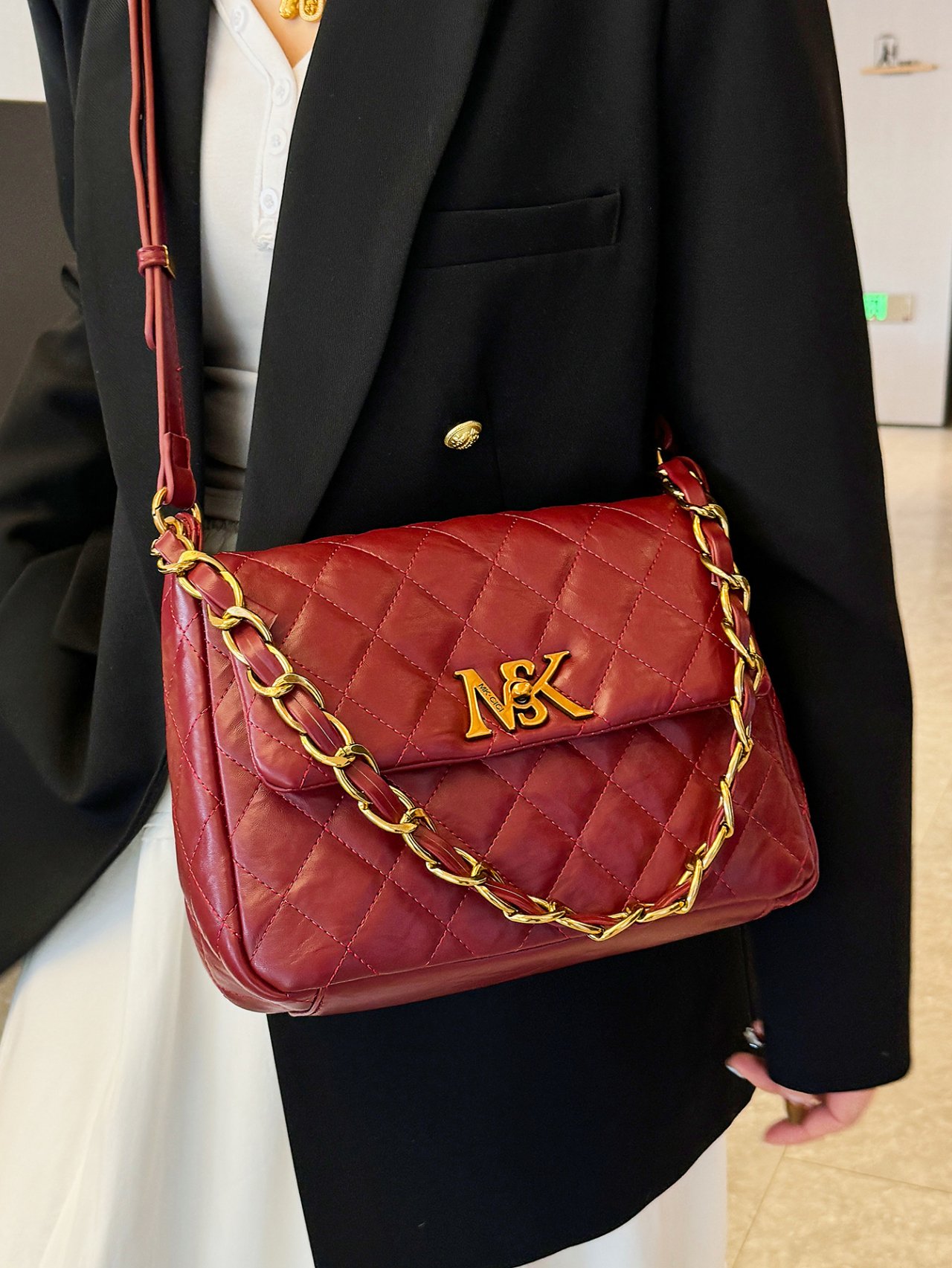 Red Quilted Crossbody Bag with Gold Chain