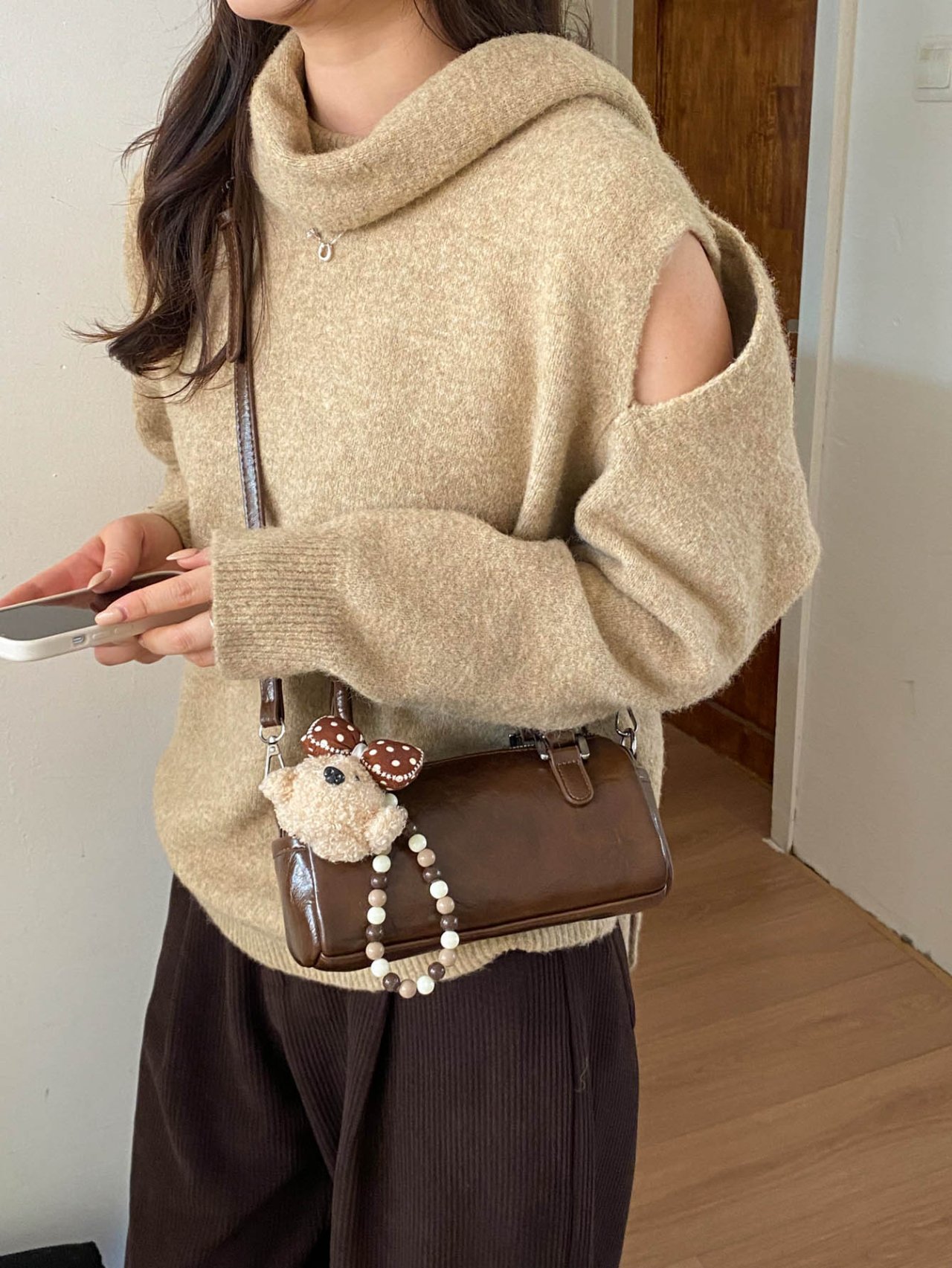 Brown Crossbody Bag with Charm