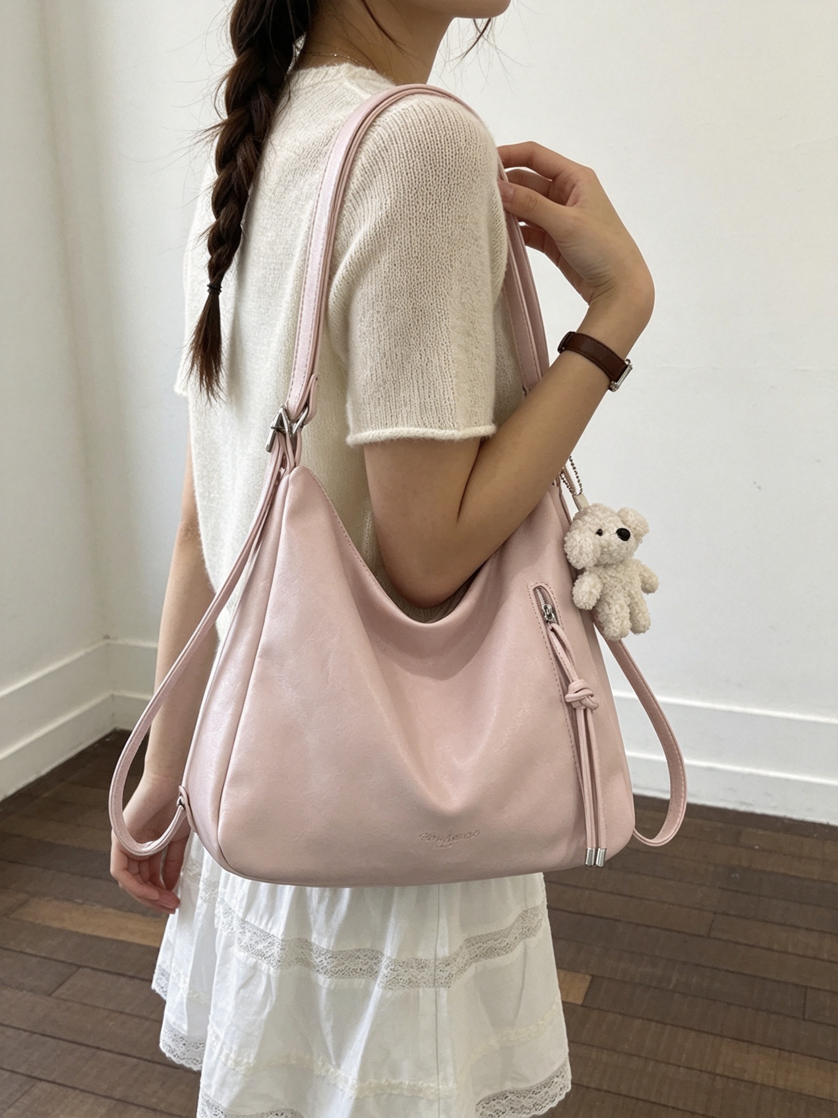 Pink Hobo Shoulder Bag with Charm