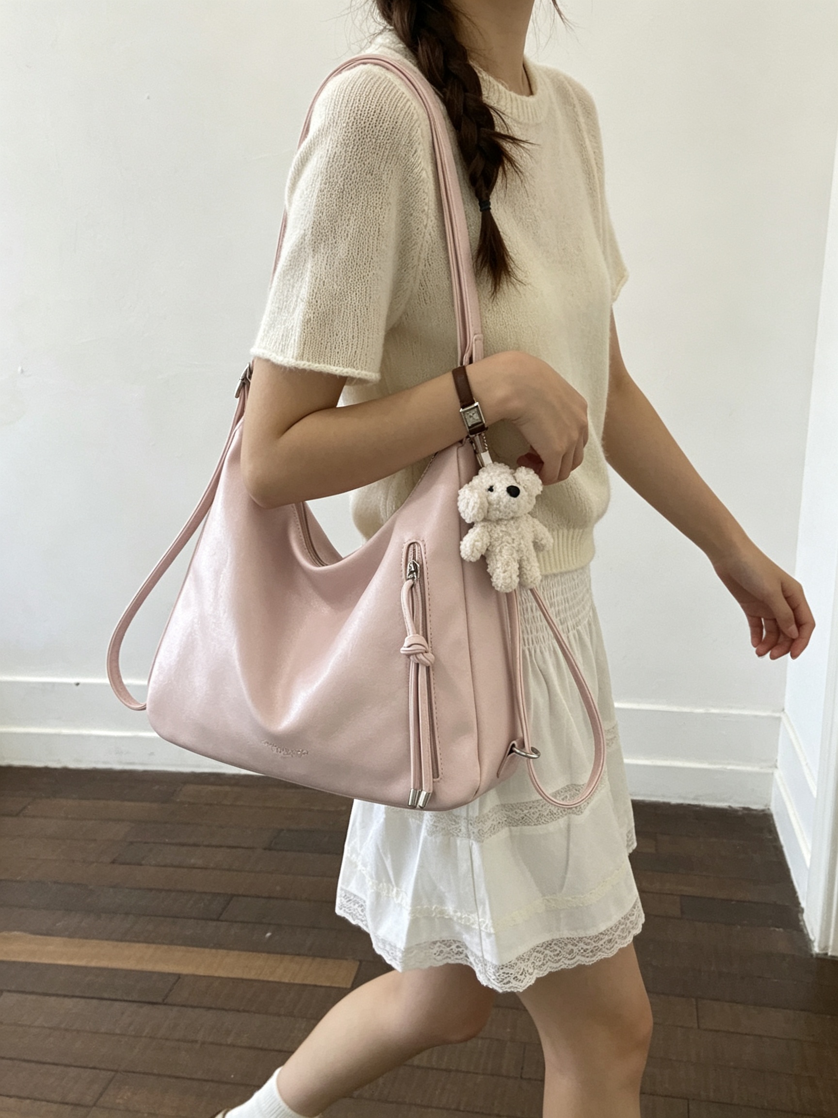 Pink Hobo Shoulder Bag with Charm
