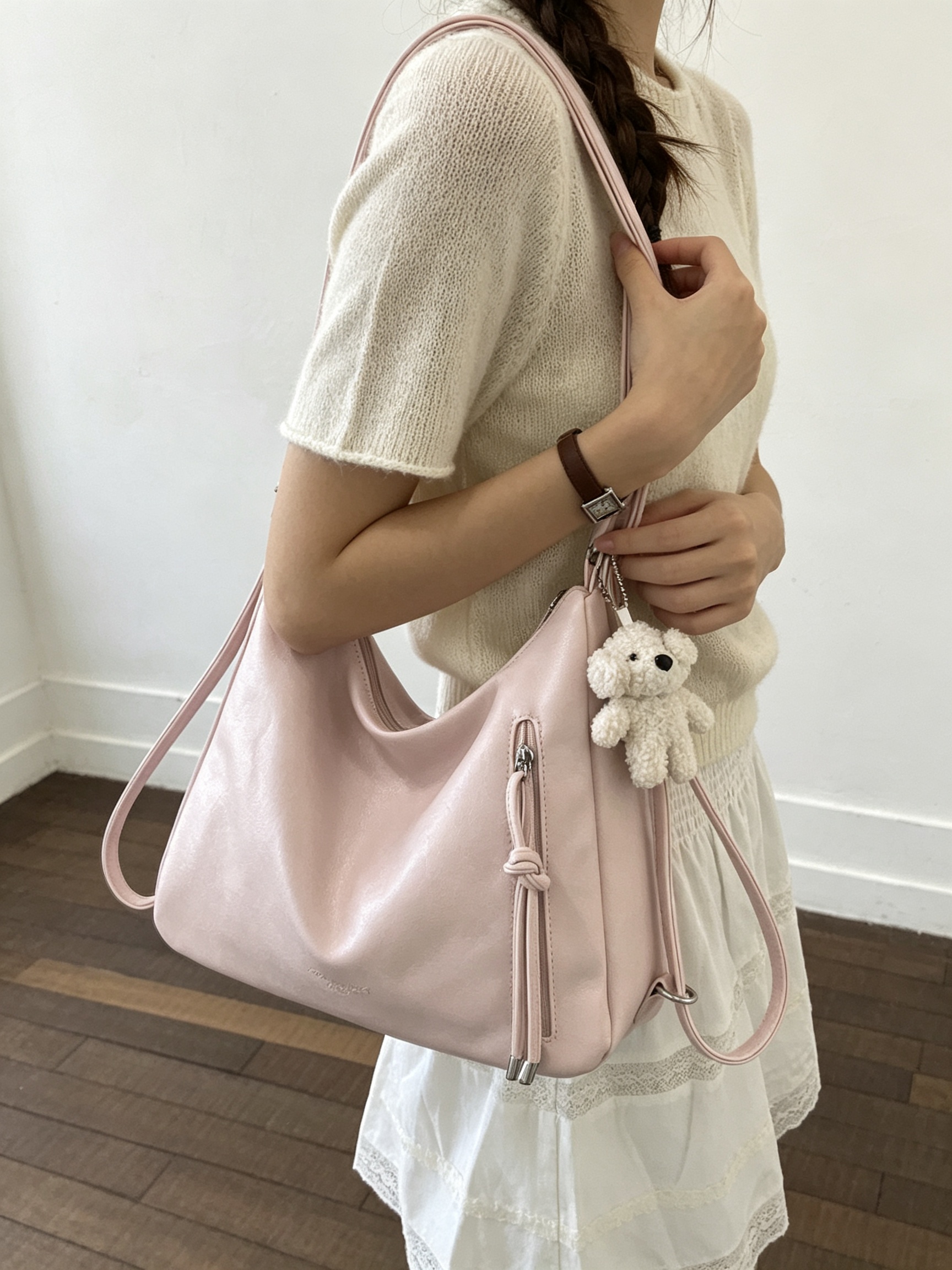 Pink Hobo Shoulder Bag with Charm