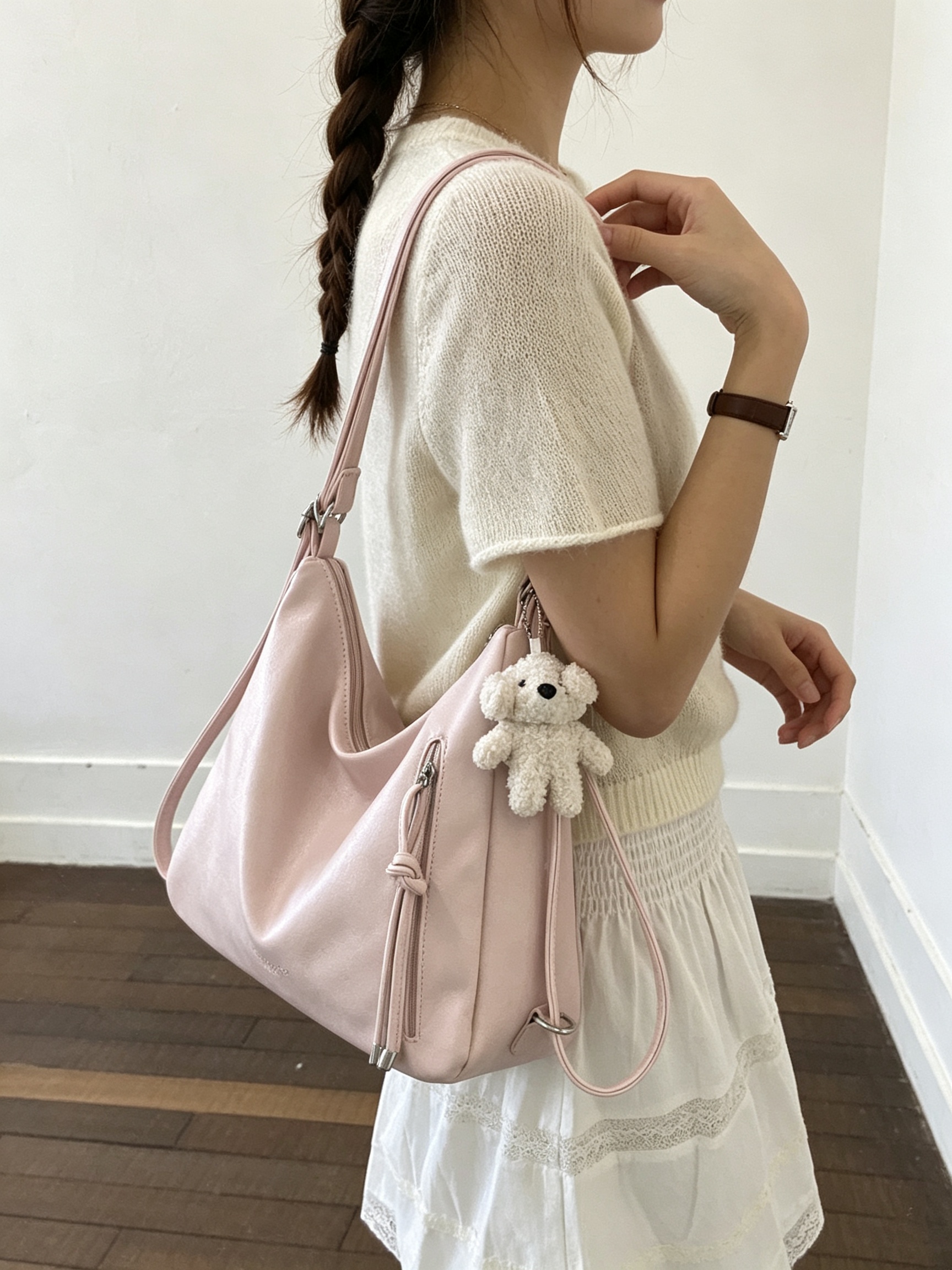 Pink Hobo Shoulder Bag with Charm