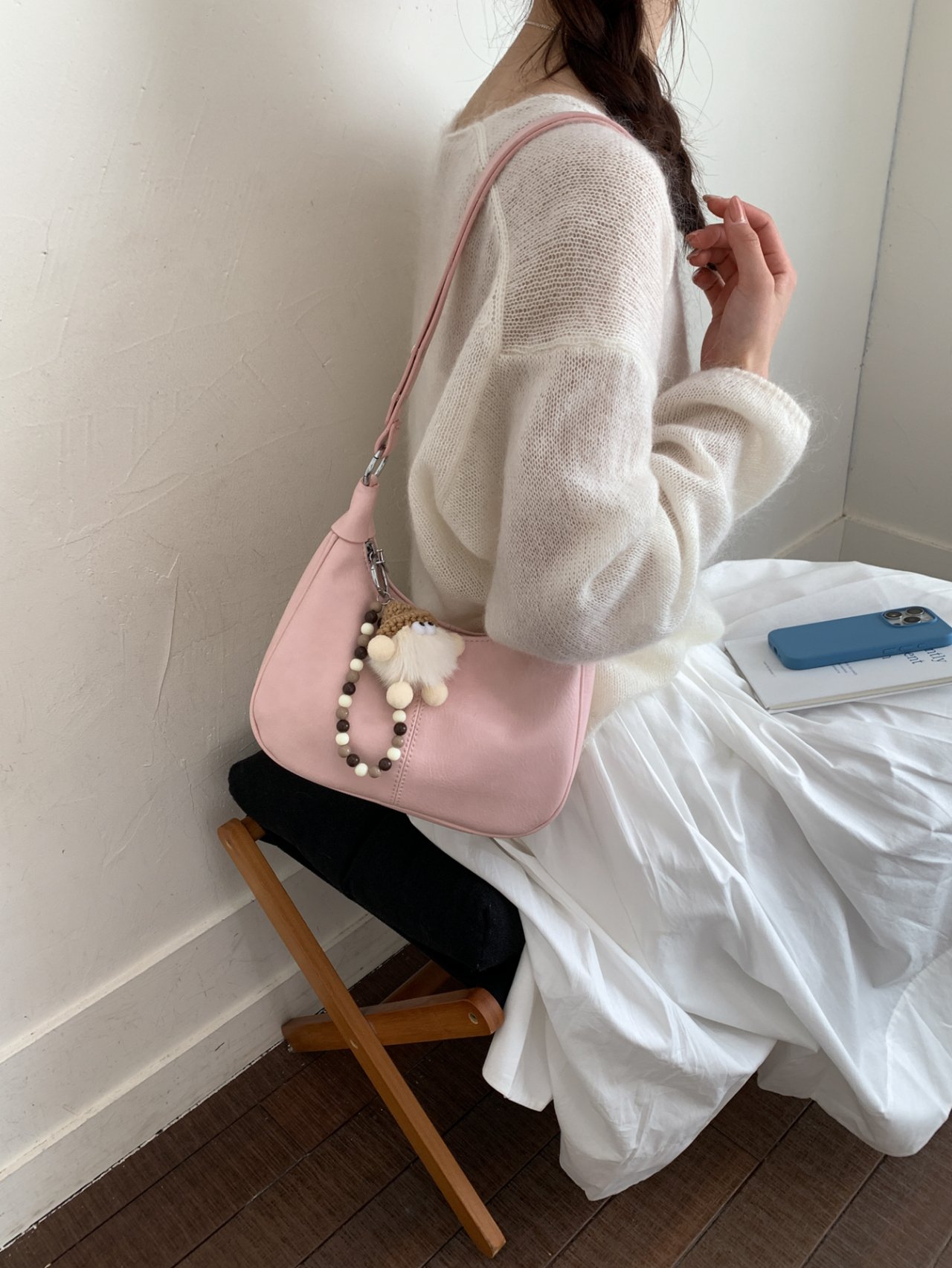 Pink Solid Shoulder Bag with Charm