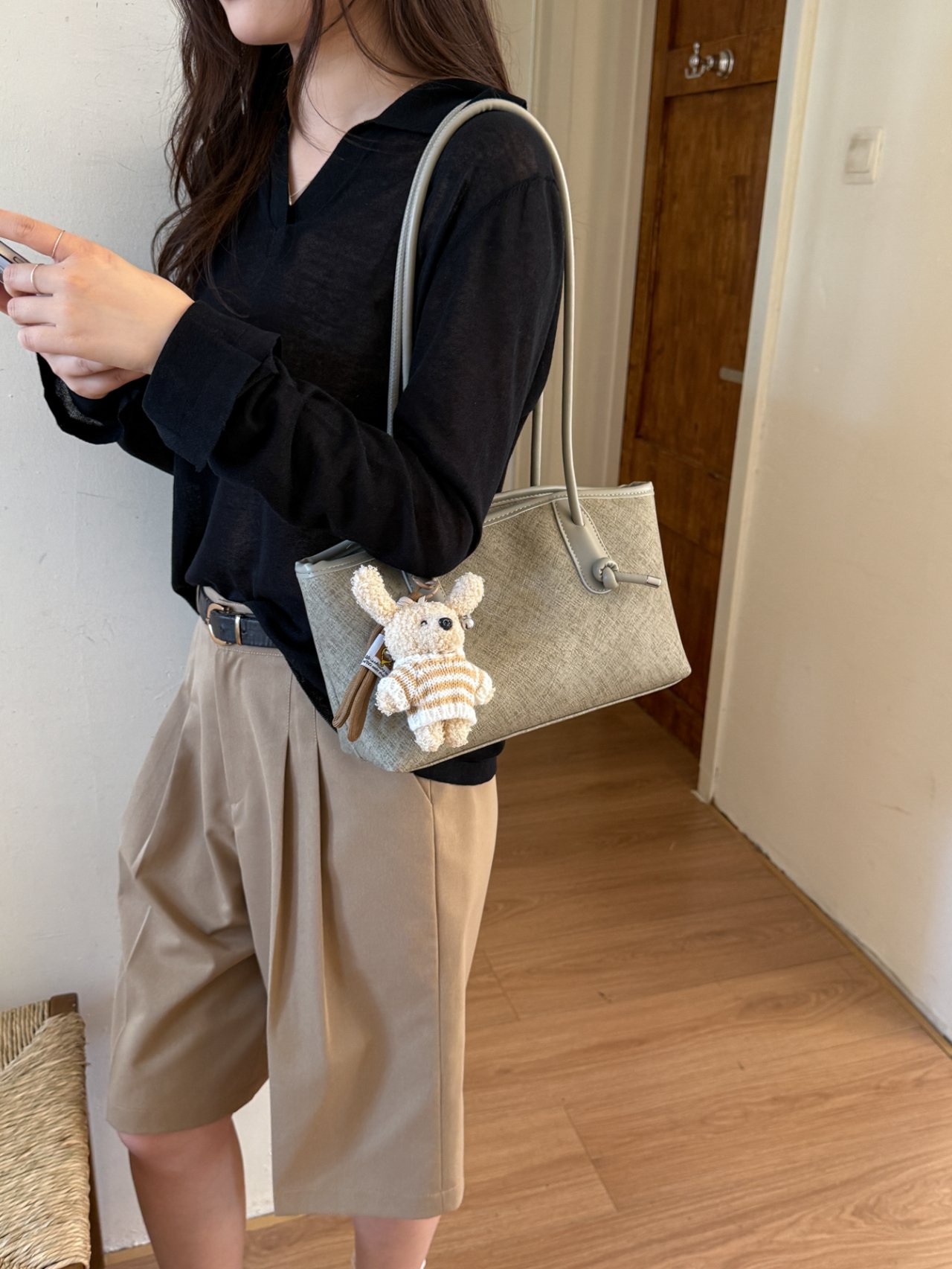 Grey Shoulder Bag with Charm