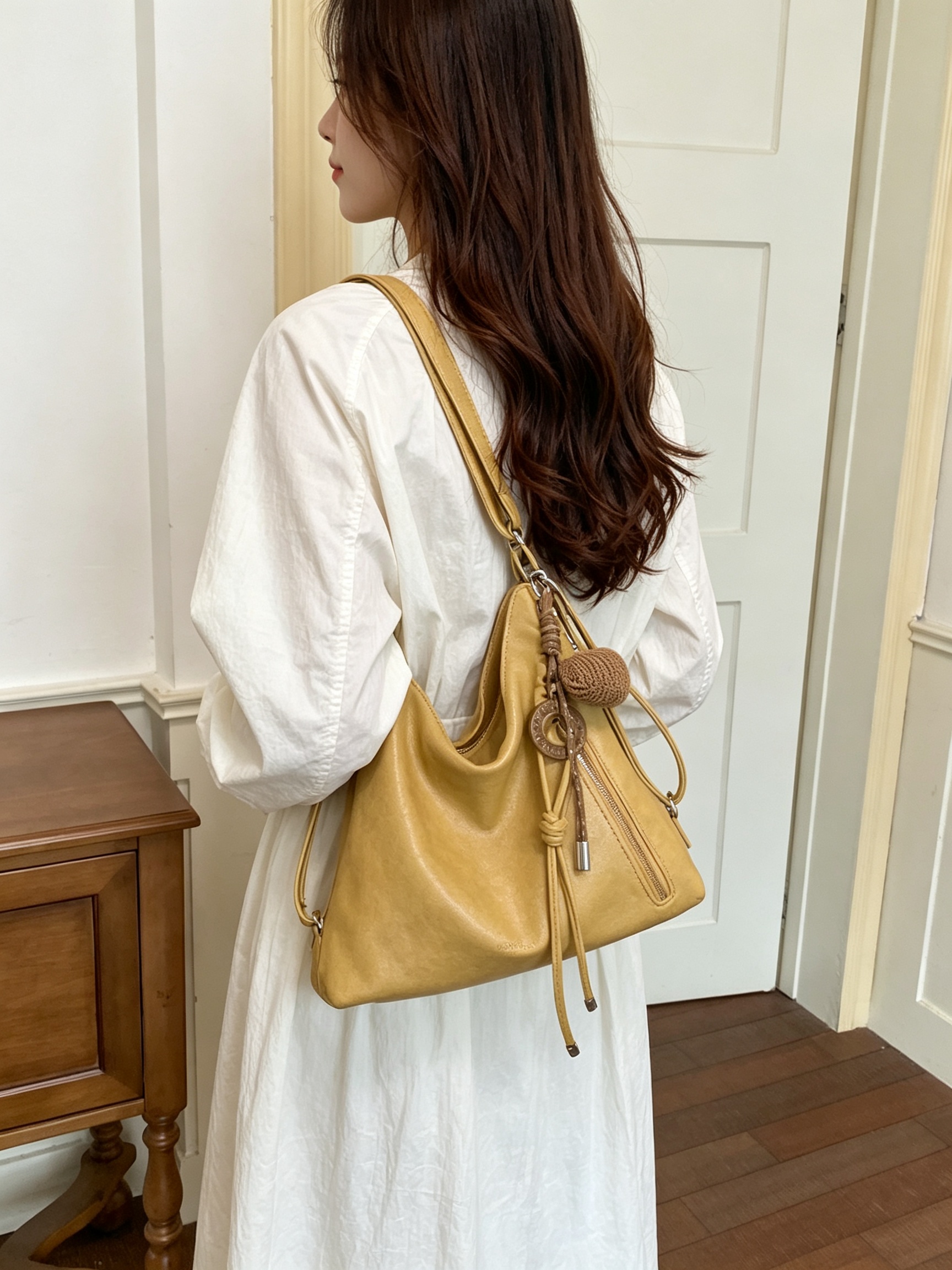 Yellow Shoulder Bag with Detachable Charm