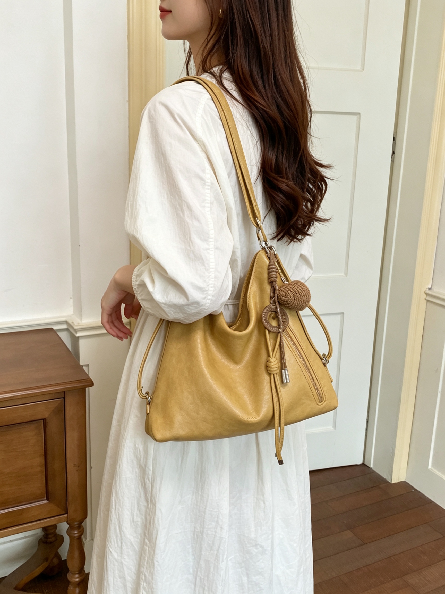 Yellow Shoulder Bag with Detachable Charm