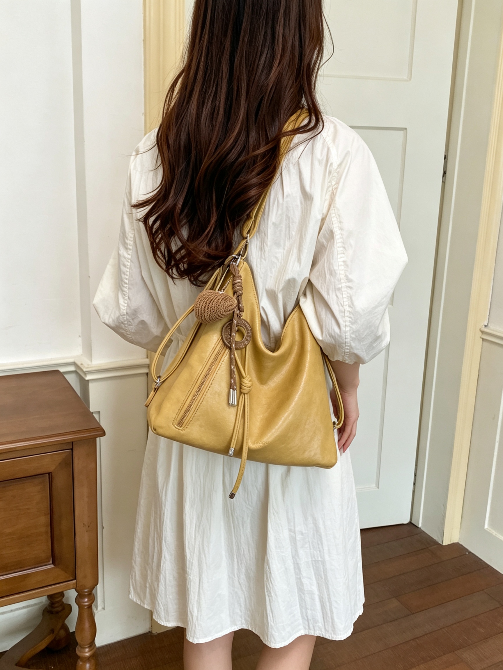 Yellow Shoulder Bag with Detachable Charm