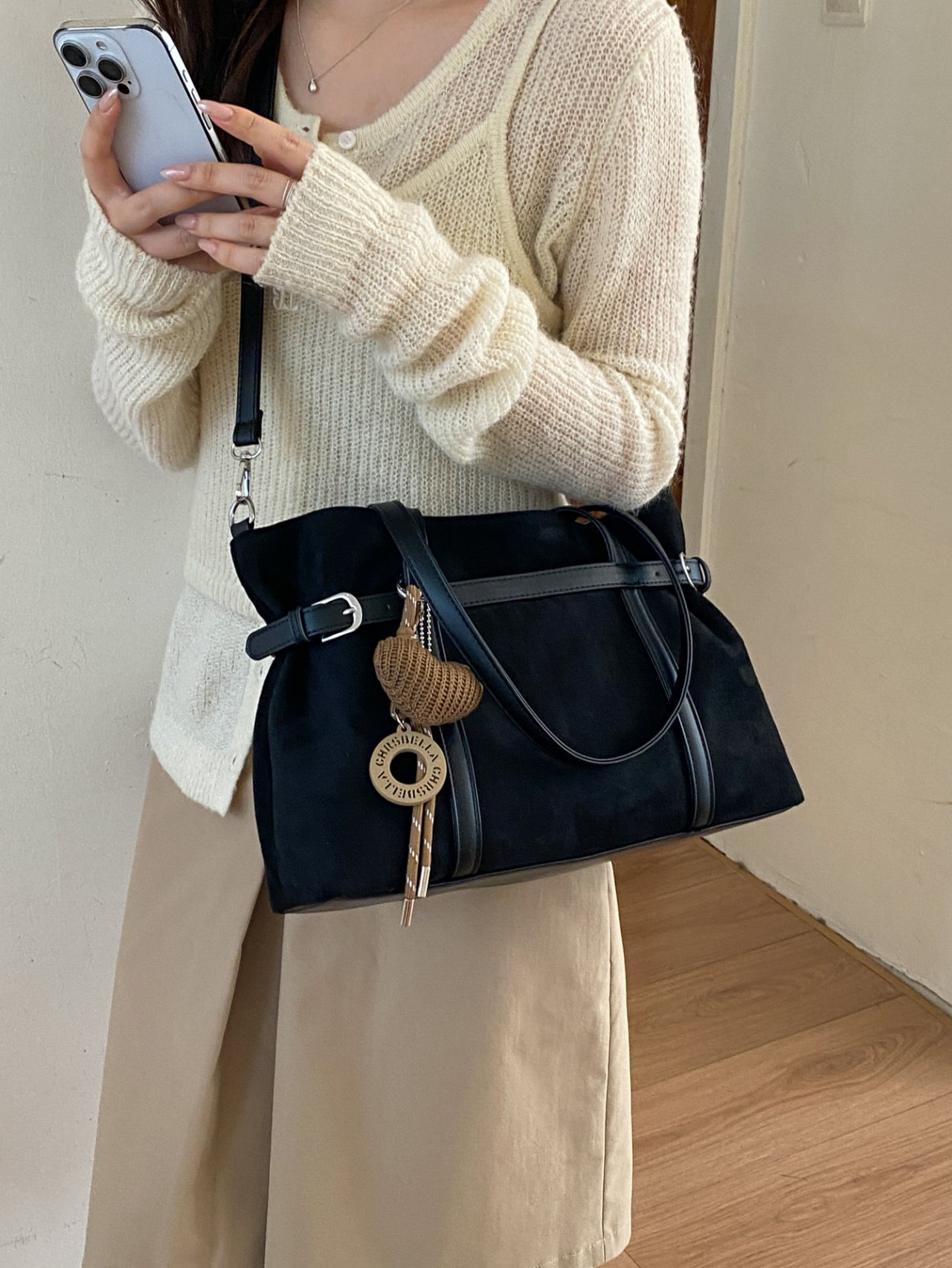 Black Shoulder Bag with Charm Detail
