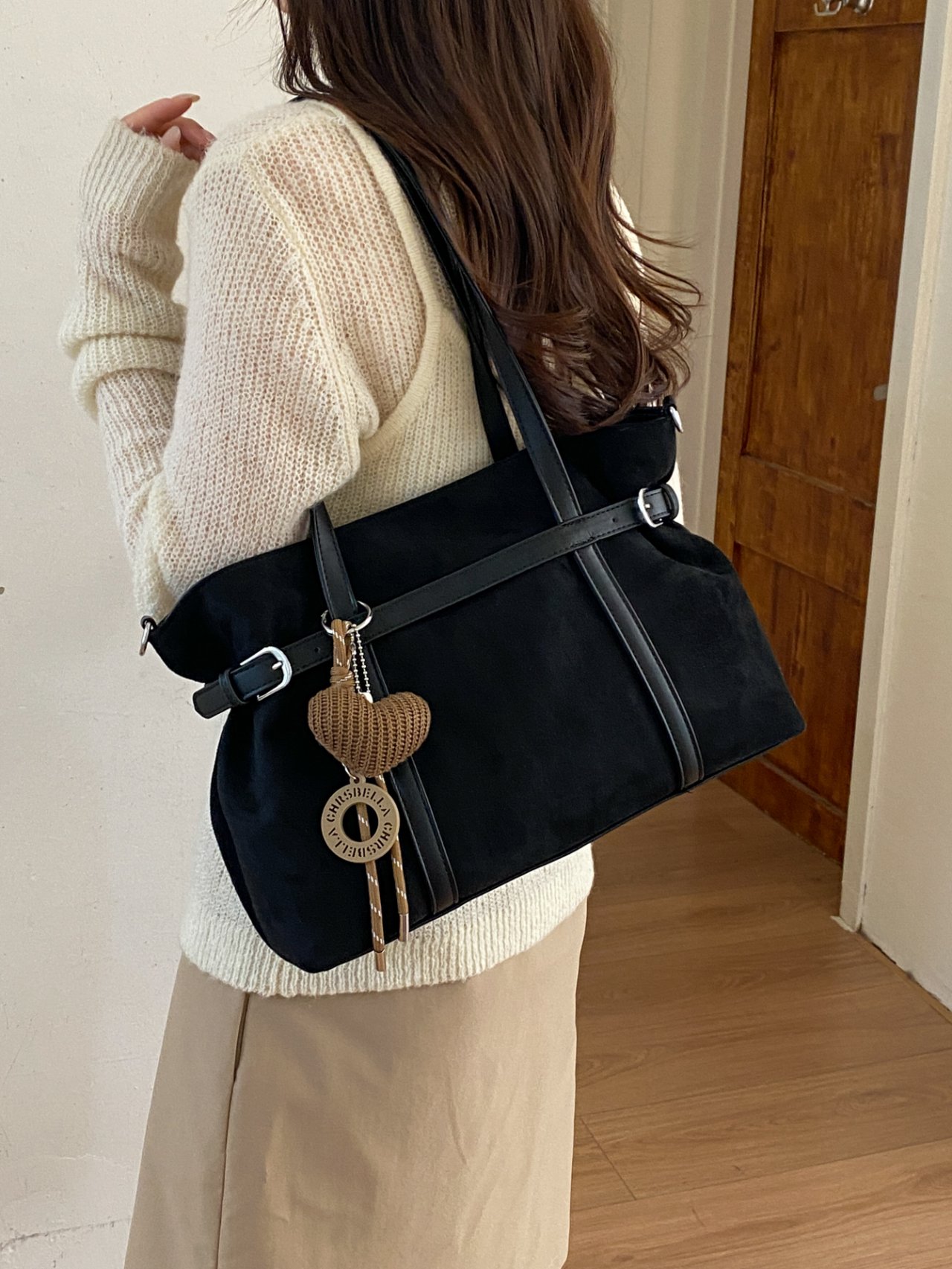 Black Shoulder Bag with Charm Detail