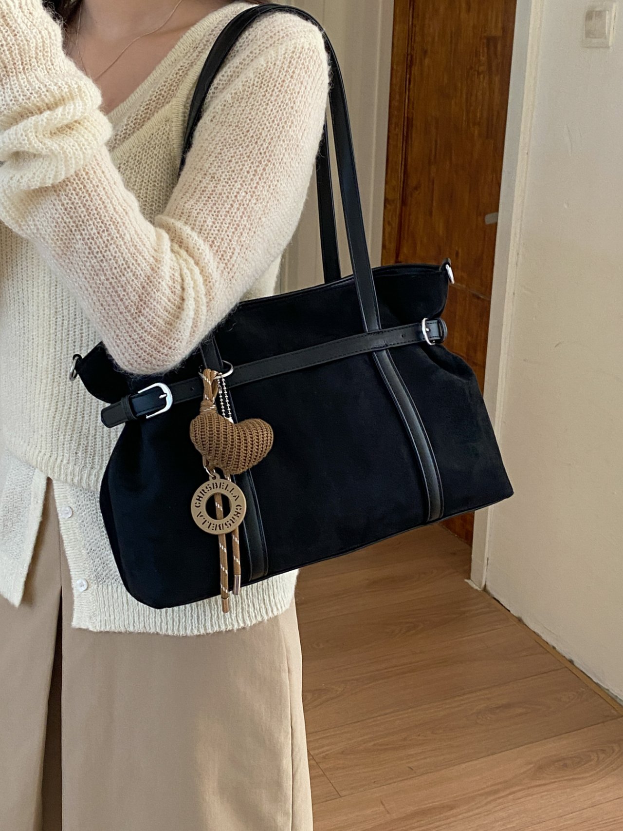 Black Shoulder Bag with Charm Detail