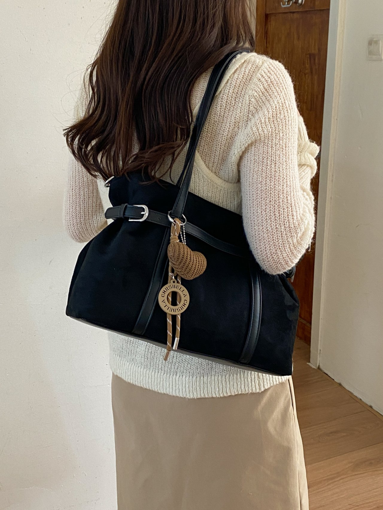 Black Shoulder Bag with Charm Detail