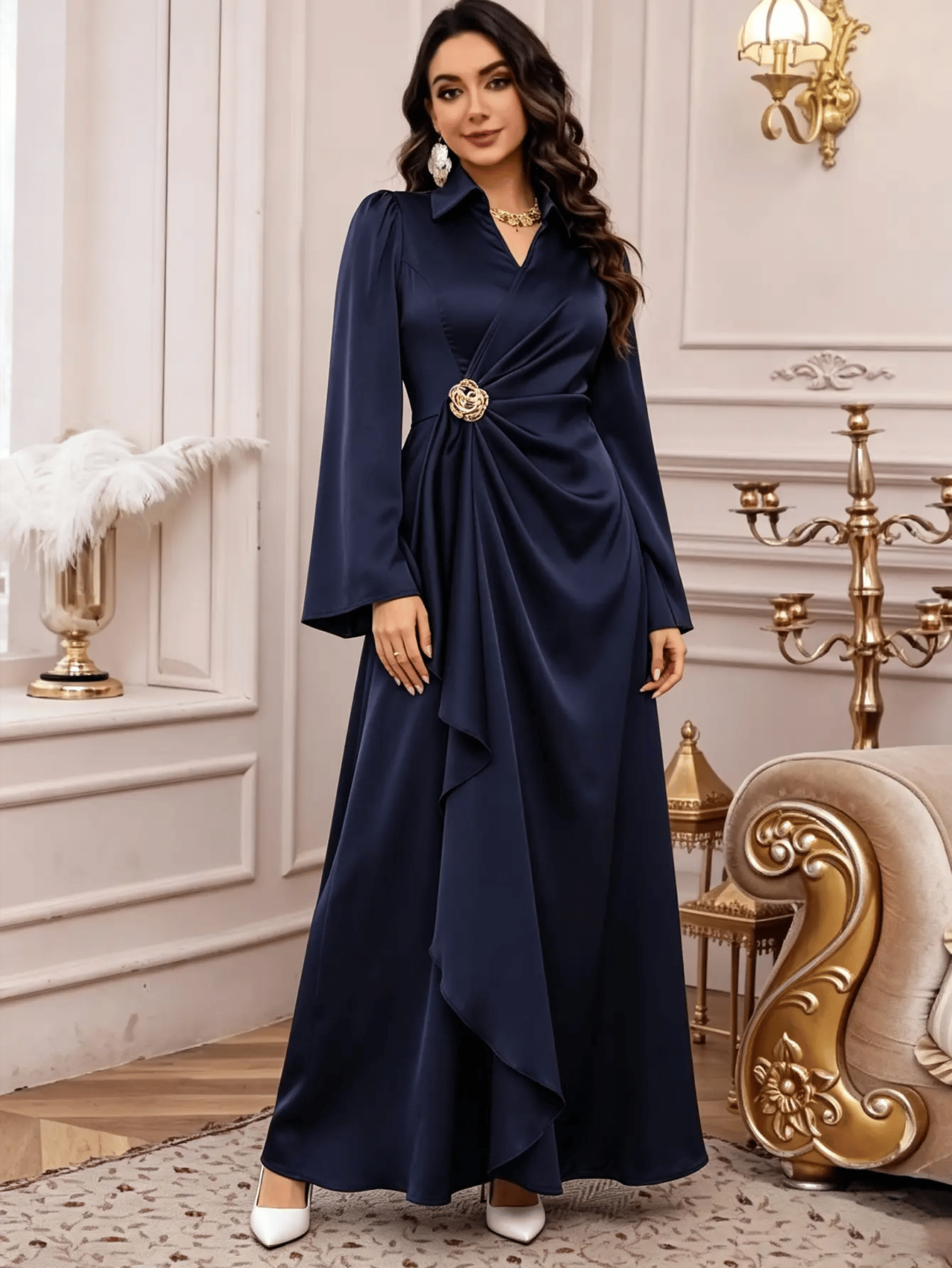 Dark Blue Satin Wrap Maxi Dress with Long Sleeves