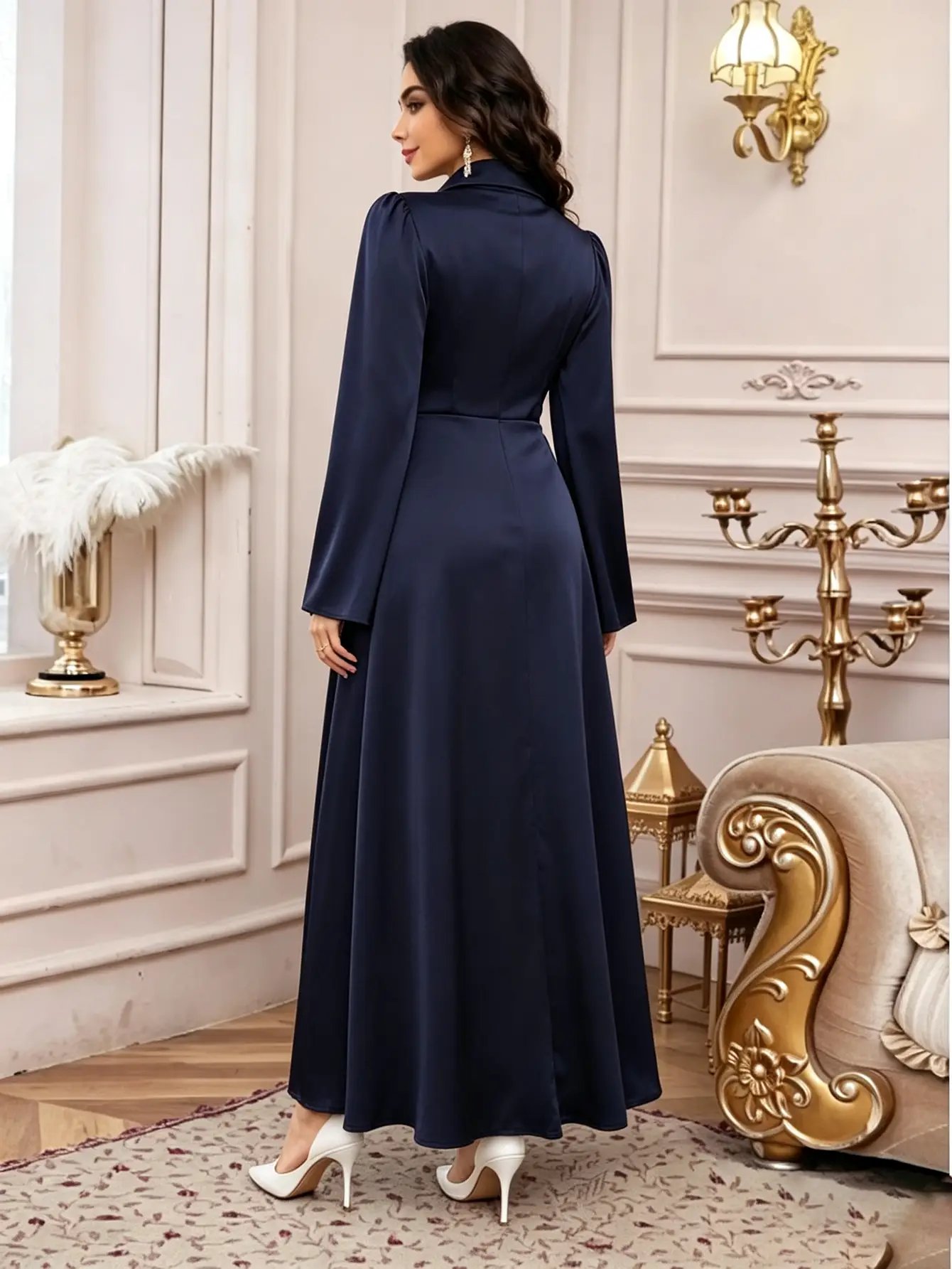 Dark Blue Satin Wrap Maxi Dress with Long Sleeves