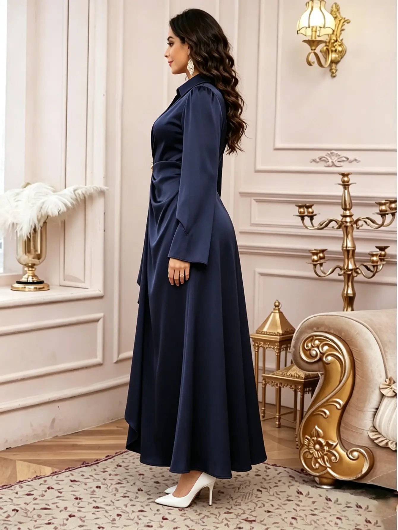 Dark Blue Satin Wrap Maxi Dress with Long Sleeves