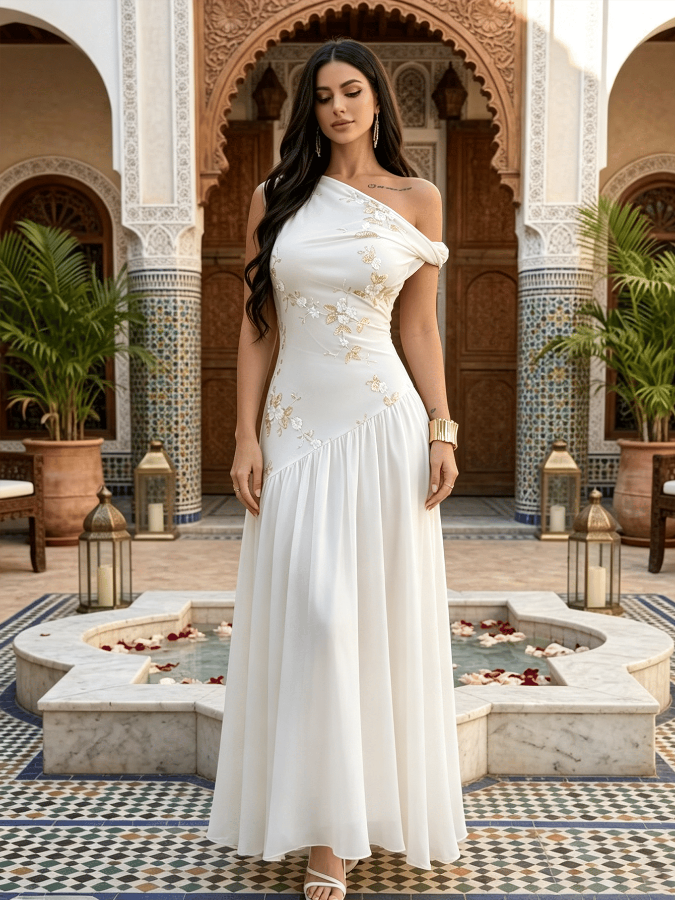 White Floral Embroidered Fit and Flare Maxi Dress