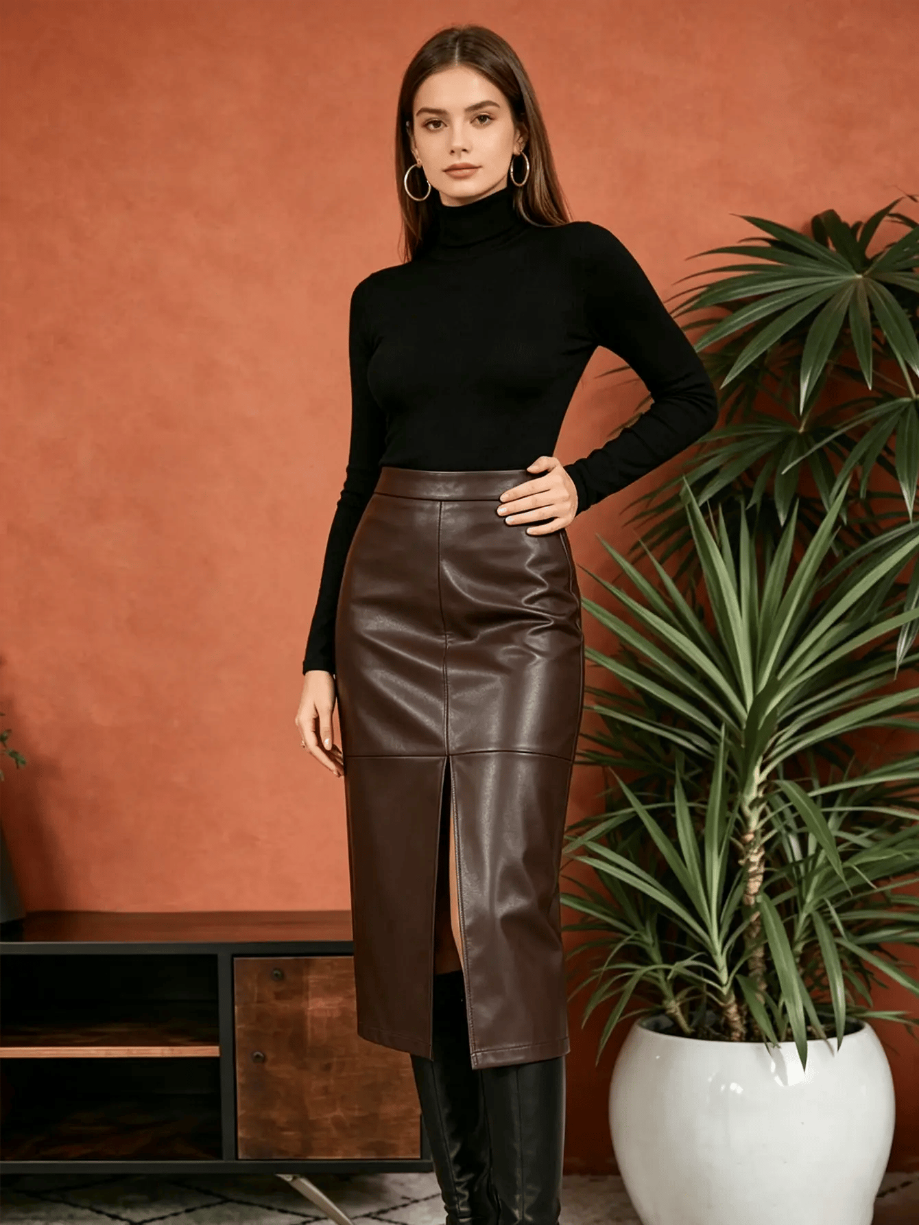 Brown Faux Leather Bodycon Midi Skirt
