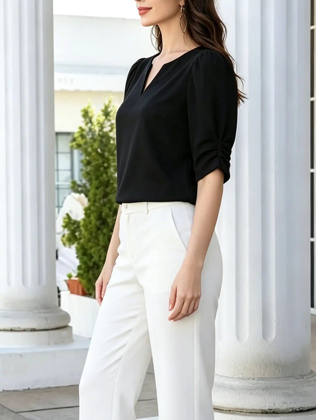 Black Puff Sleeve Notch V-Neck Blouse
