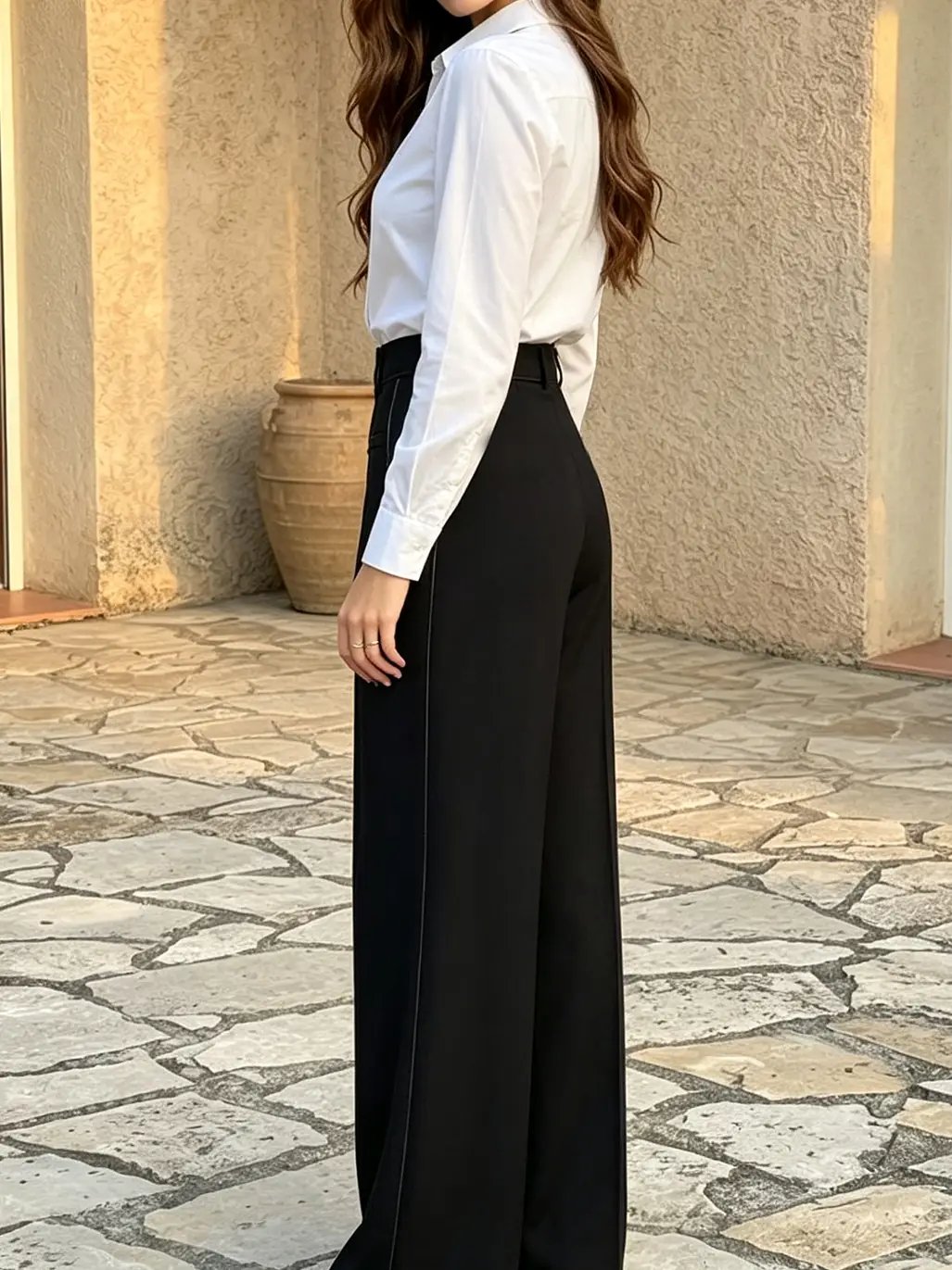 بنطال بأرجل واسعة وتفاصيل ثنيات سادة باللون الأسود