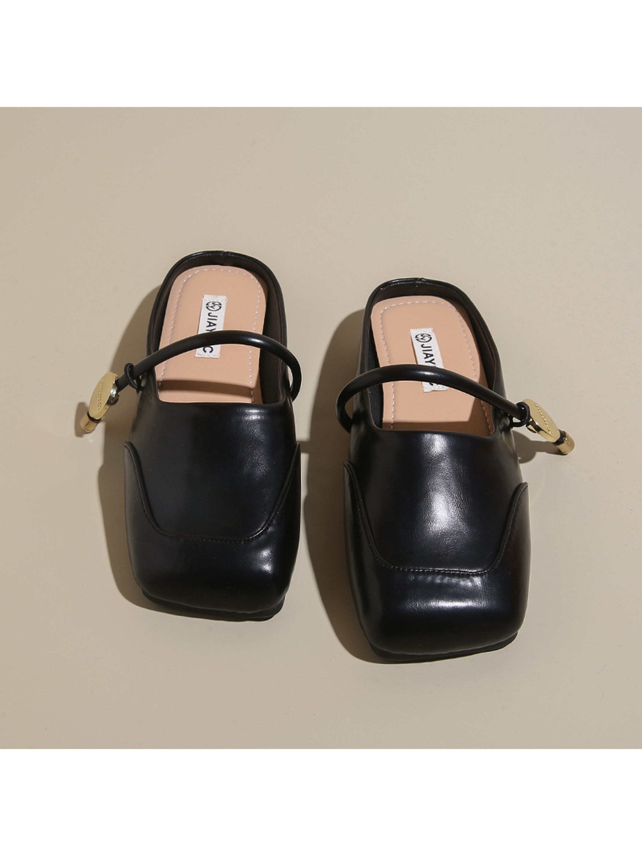 Black Flat Mules with Gold Accent