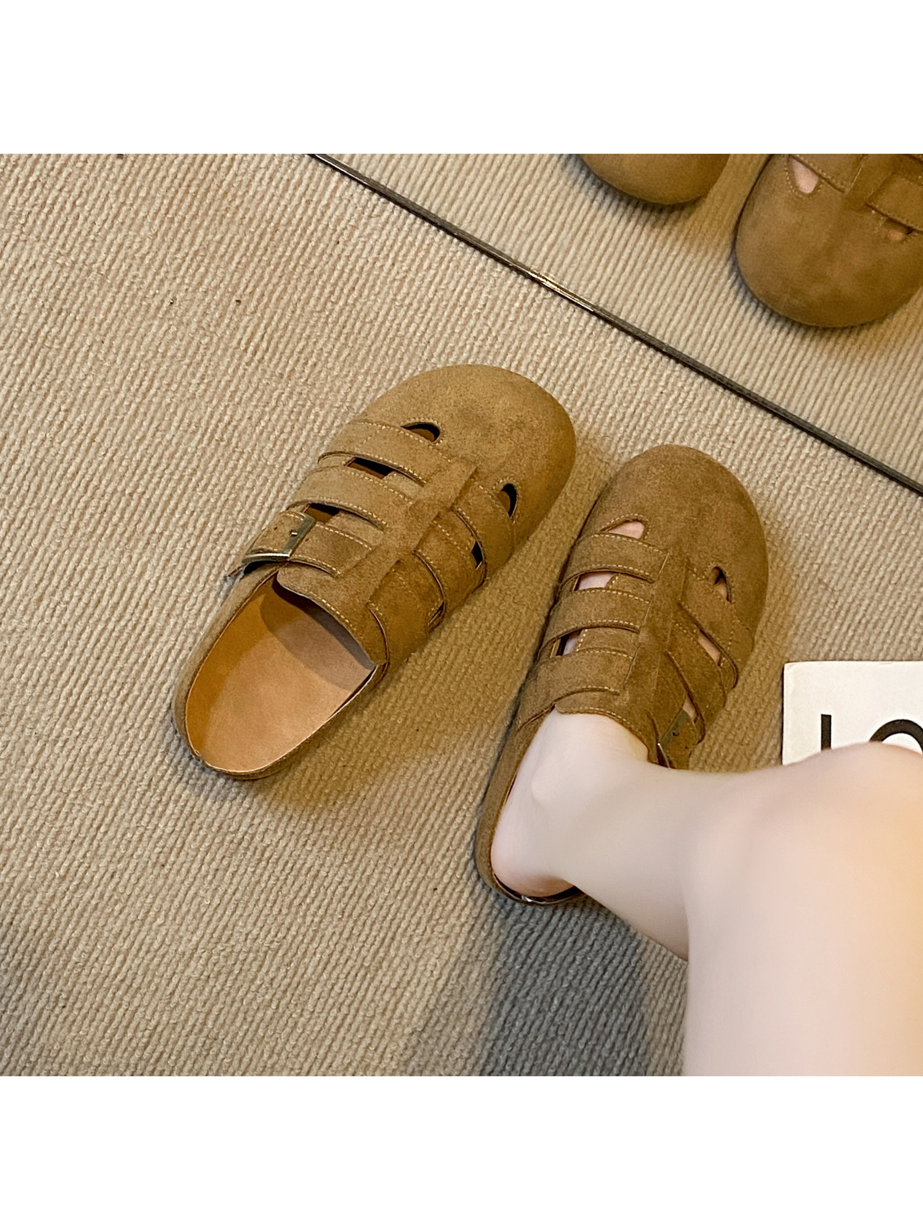 Tan Suede Look Flat Mule Sandals