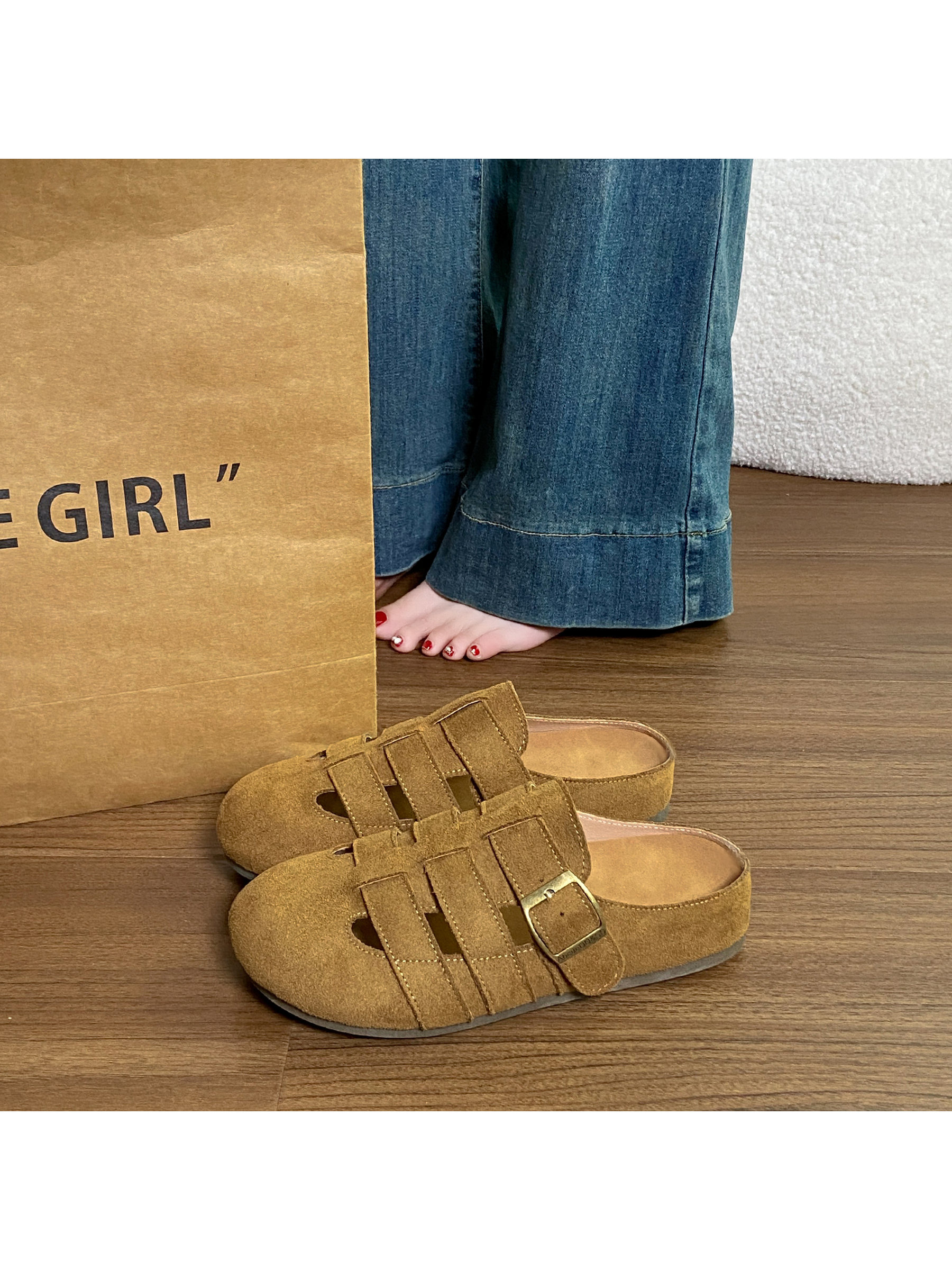 Tan Suede Look Flat Mule Sandals