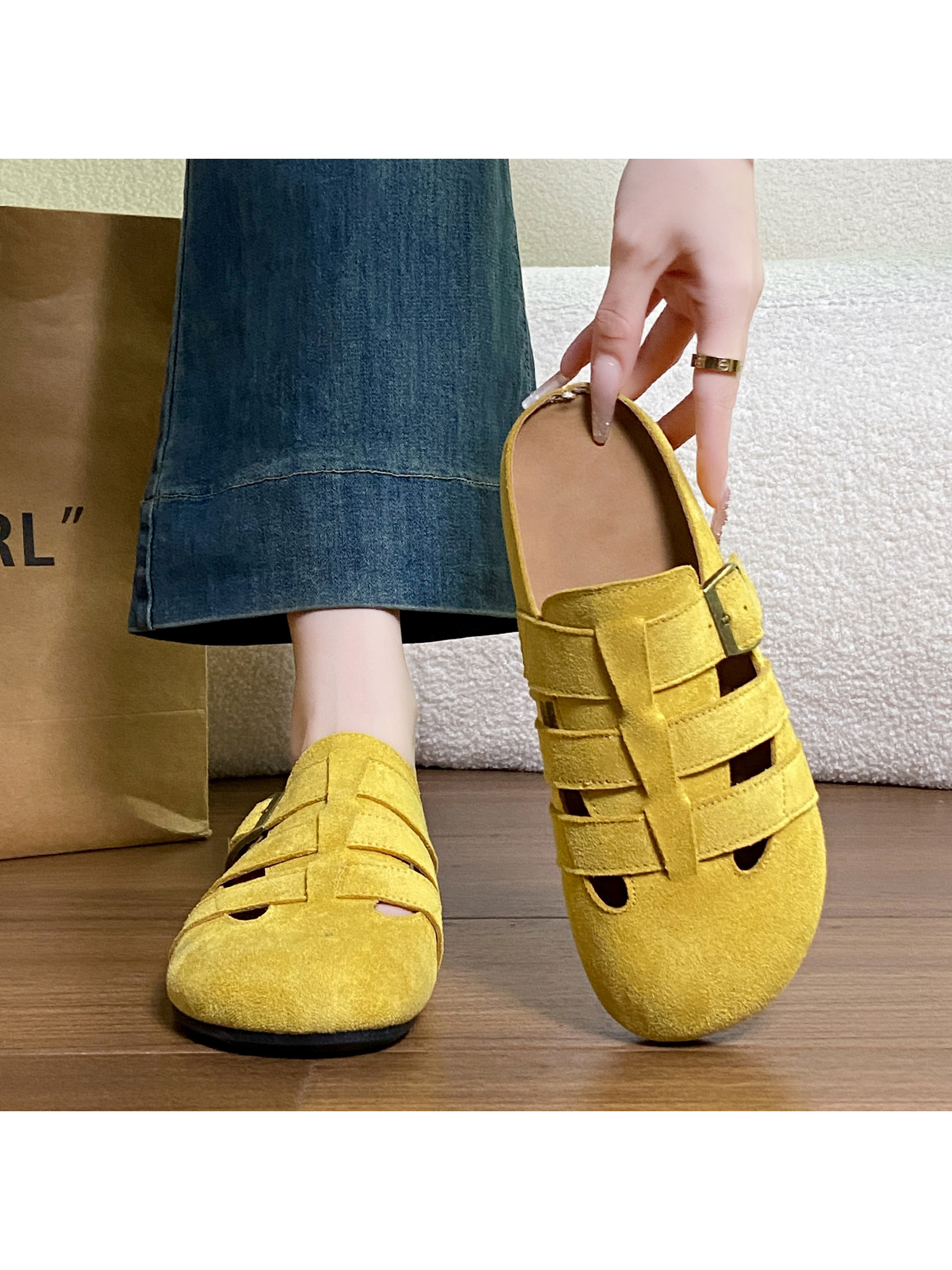 Yellow Suede Look Flat Fisherman Mules