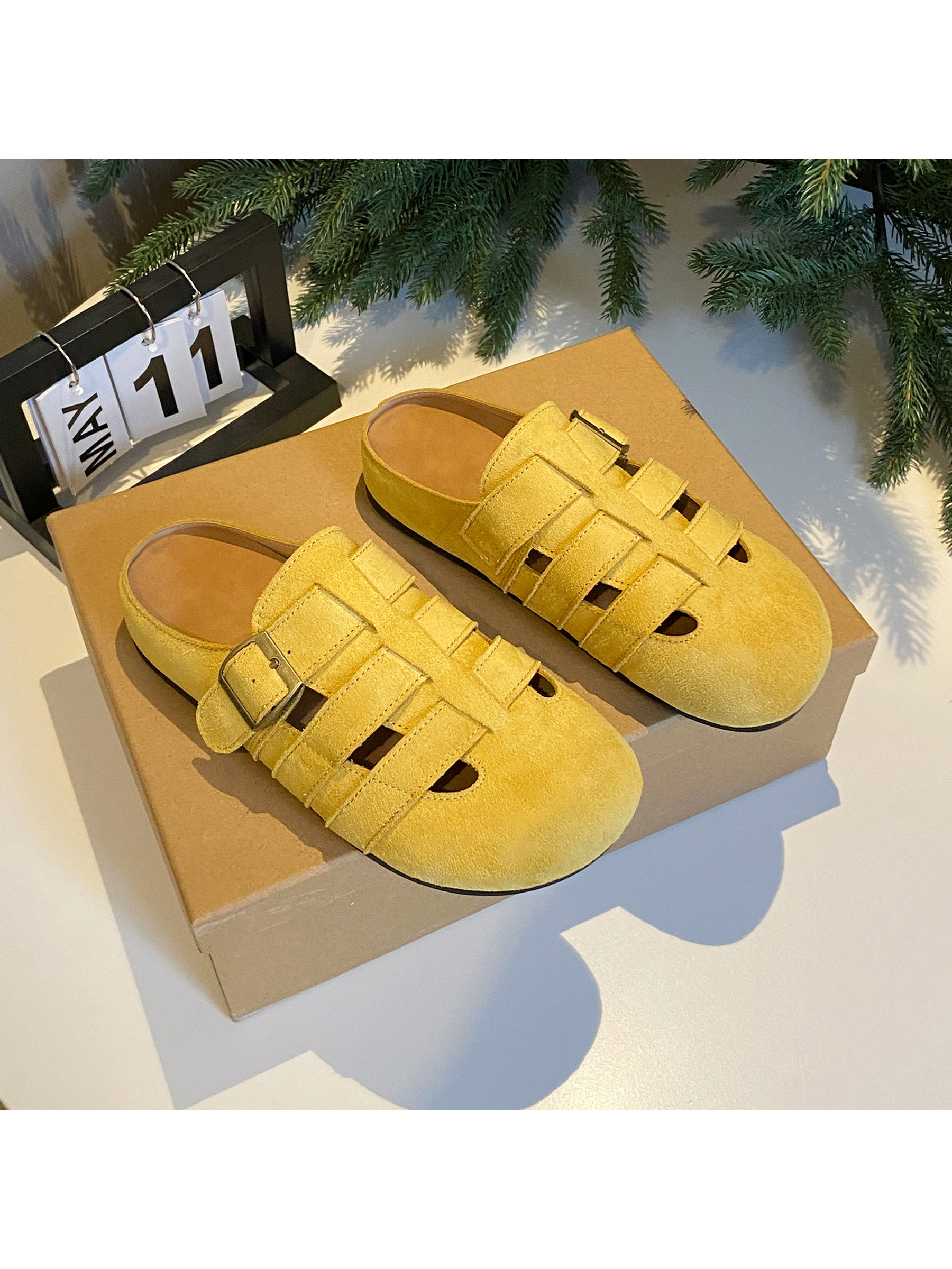 Yellow Suede Look Flat Fisherman Mules