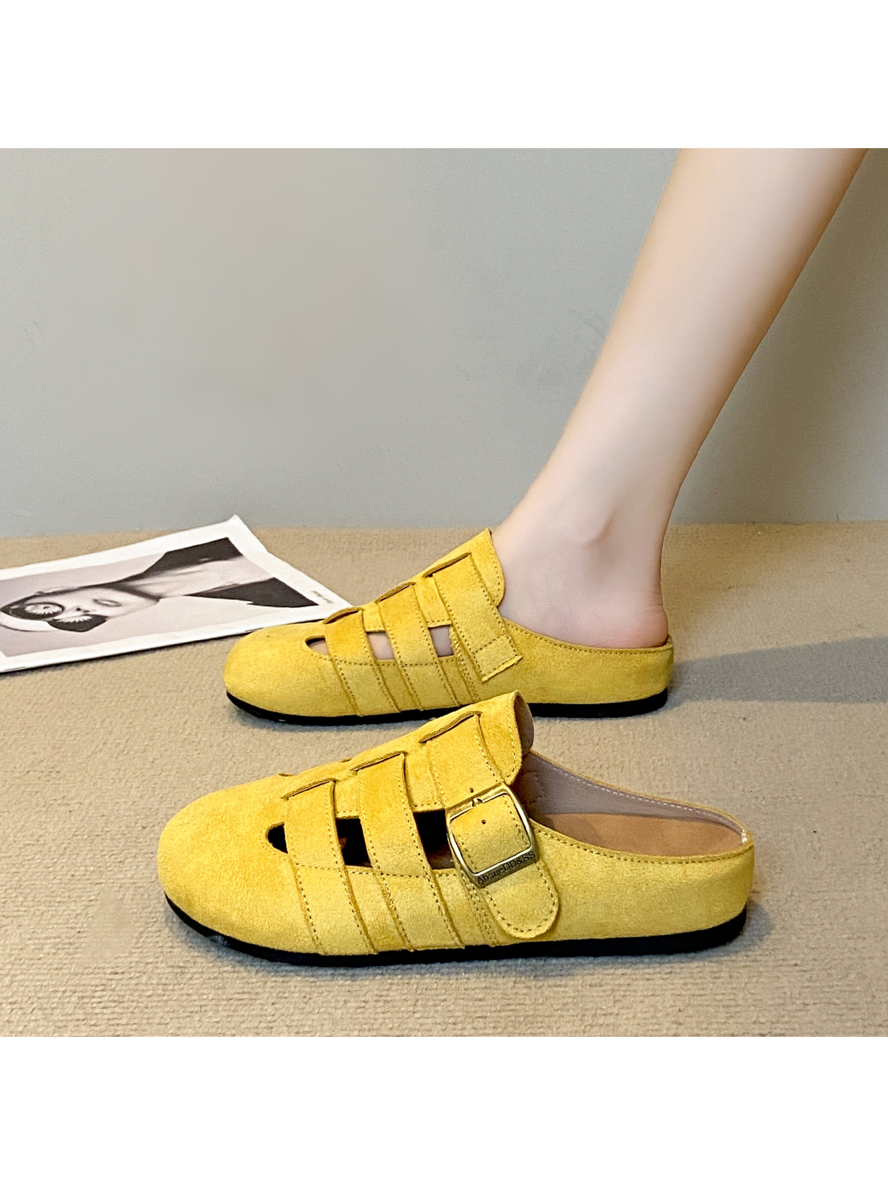 Yellow Suede Look Flat Fisherman Mules