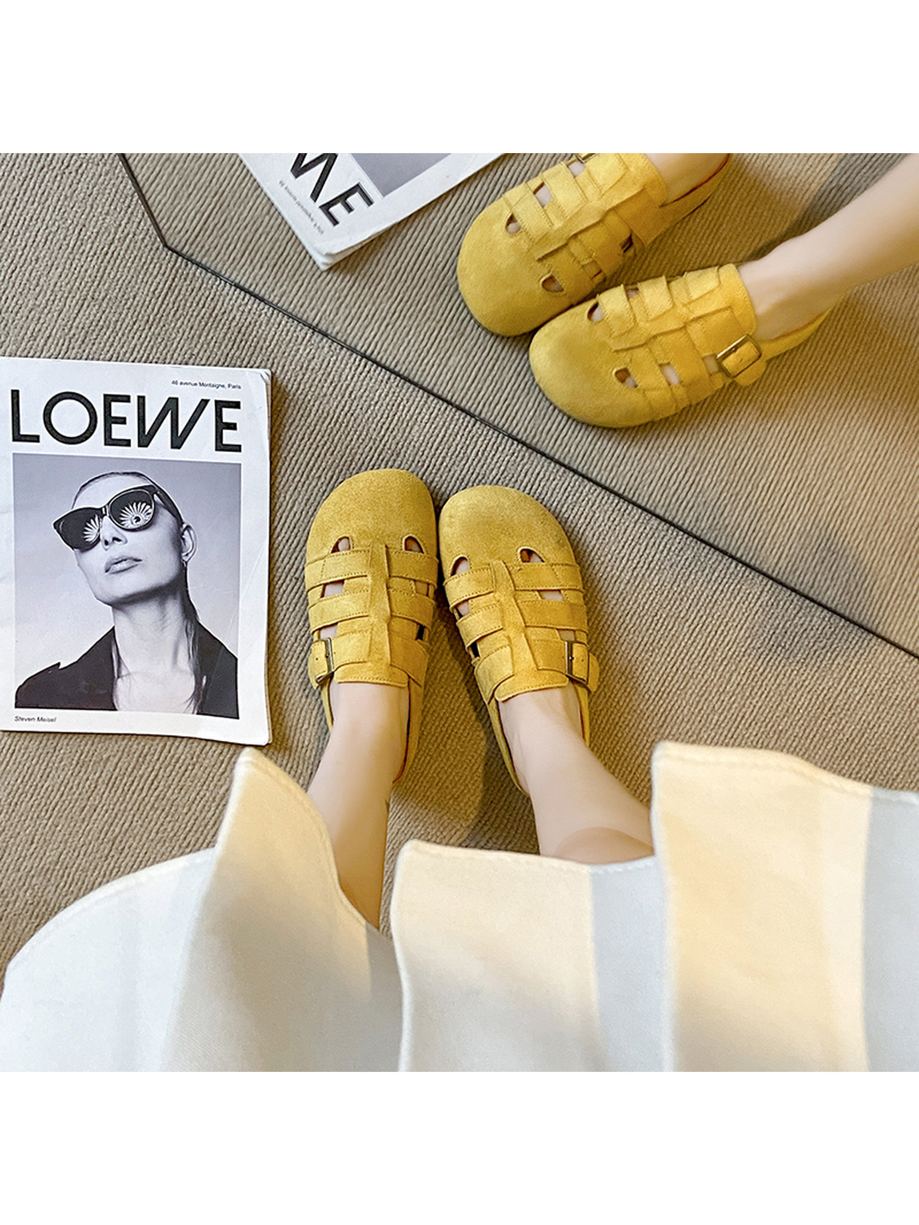 Yellow Suede Look Flat Fisherman Mules