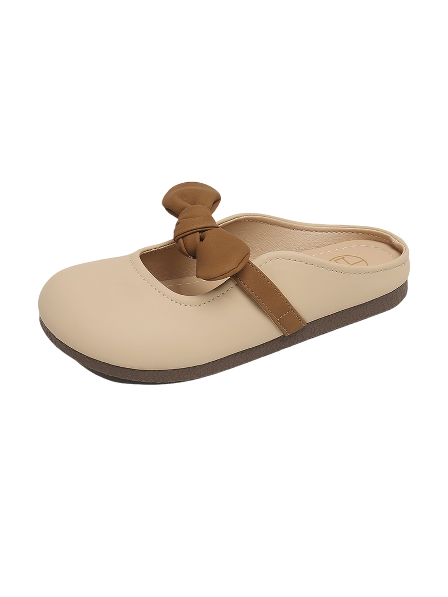 Beige Flat Mules with Bow Detail