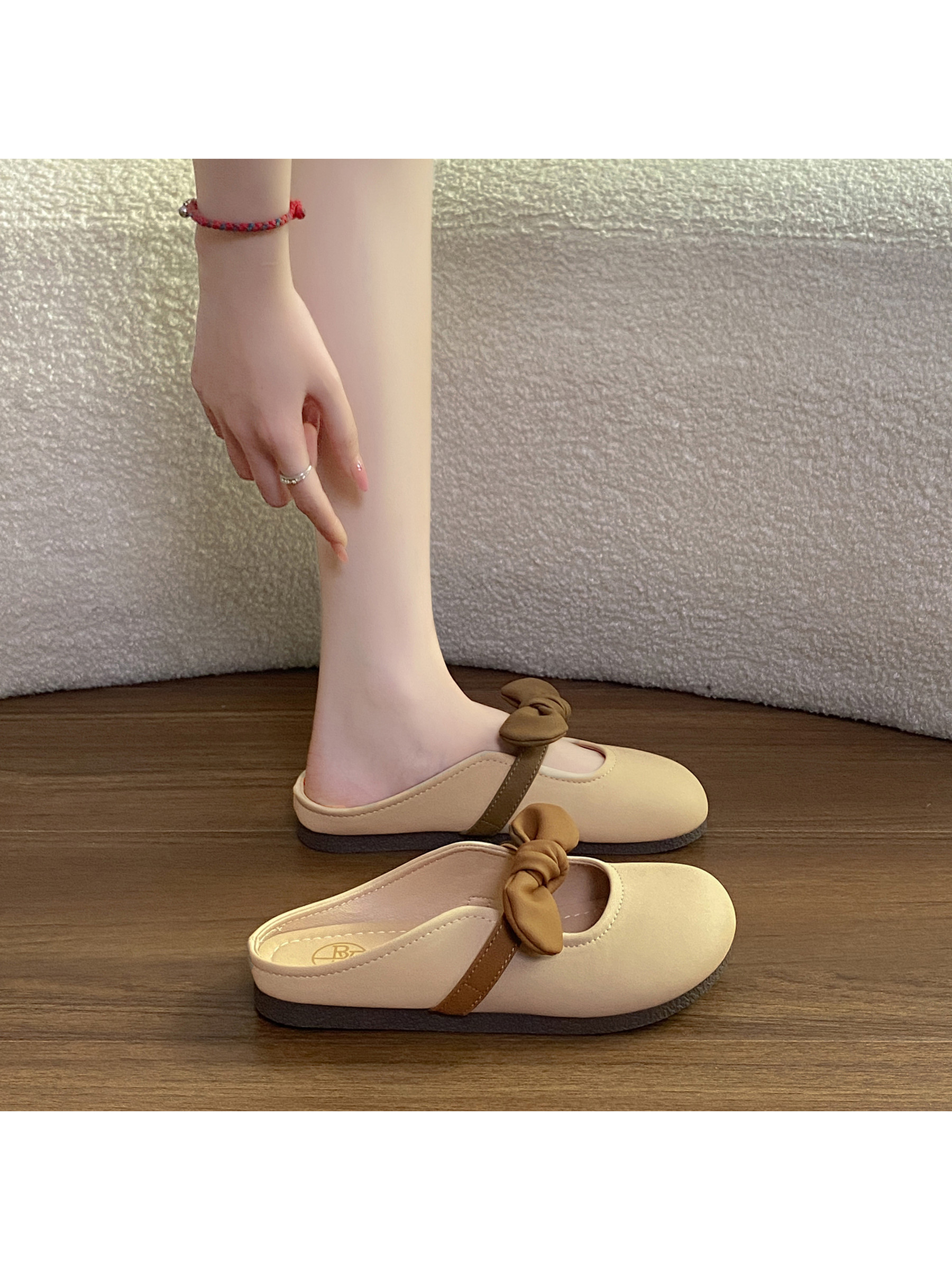 Beige Flat Mules with Bow Detail