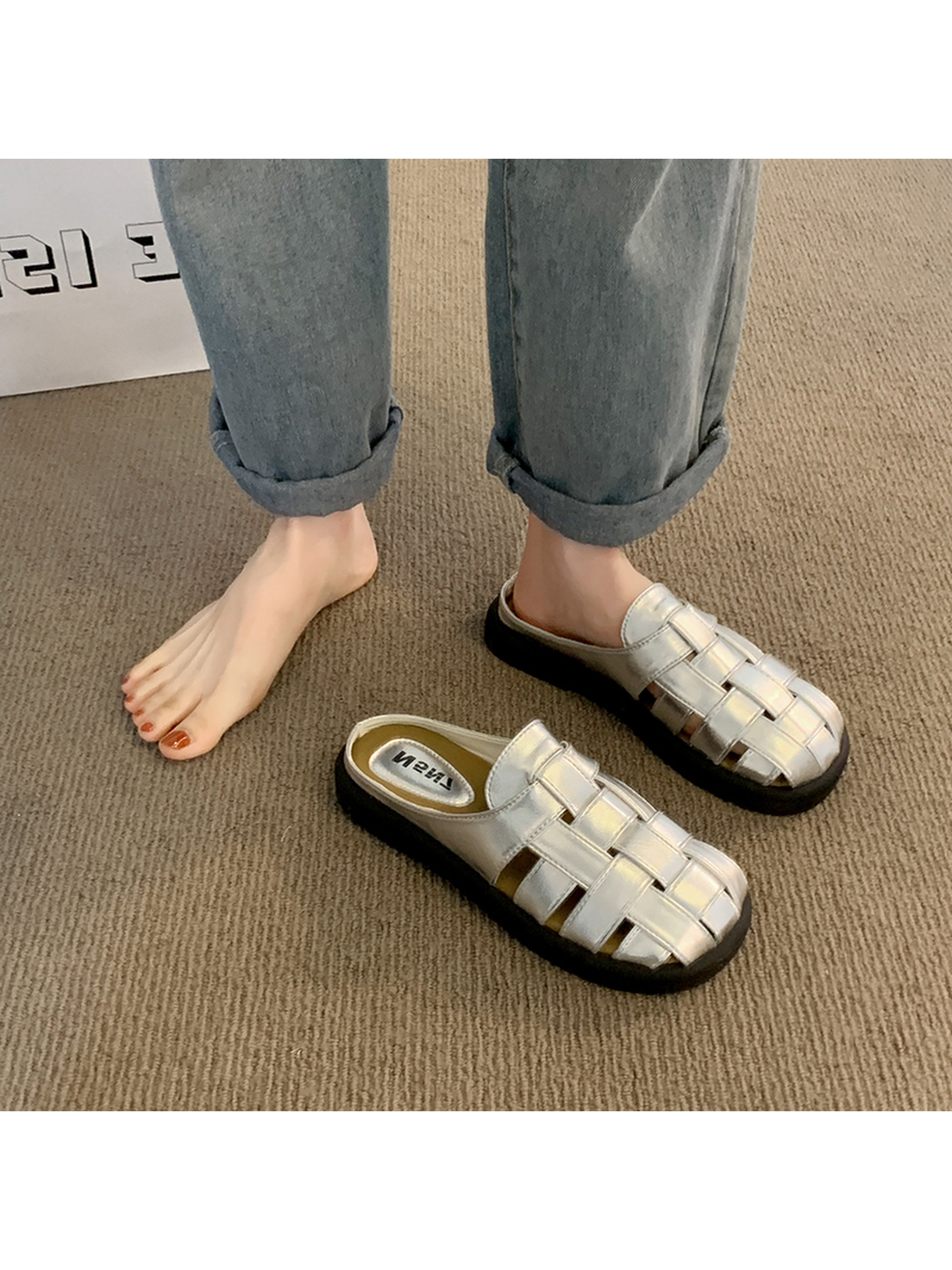 Silver Woven Flat Sandals