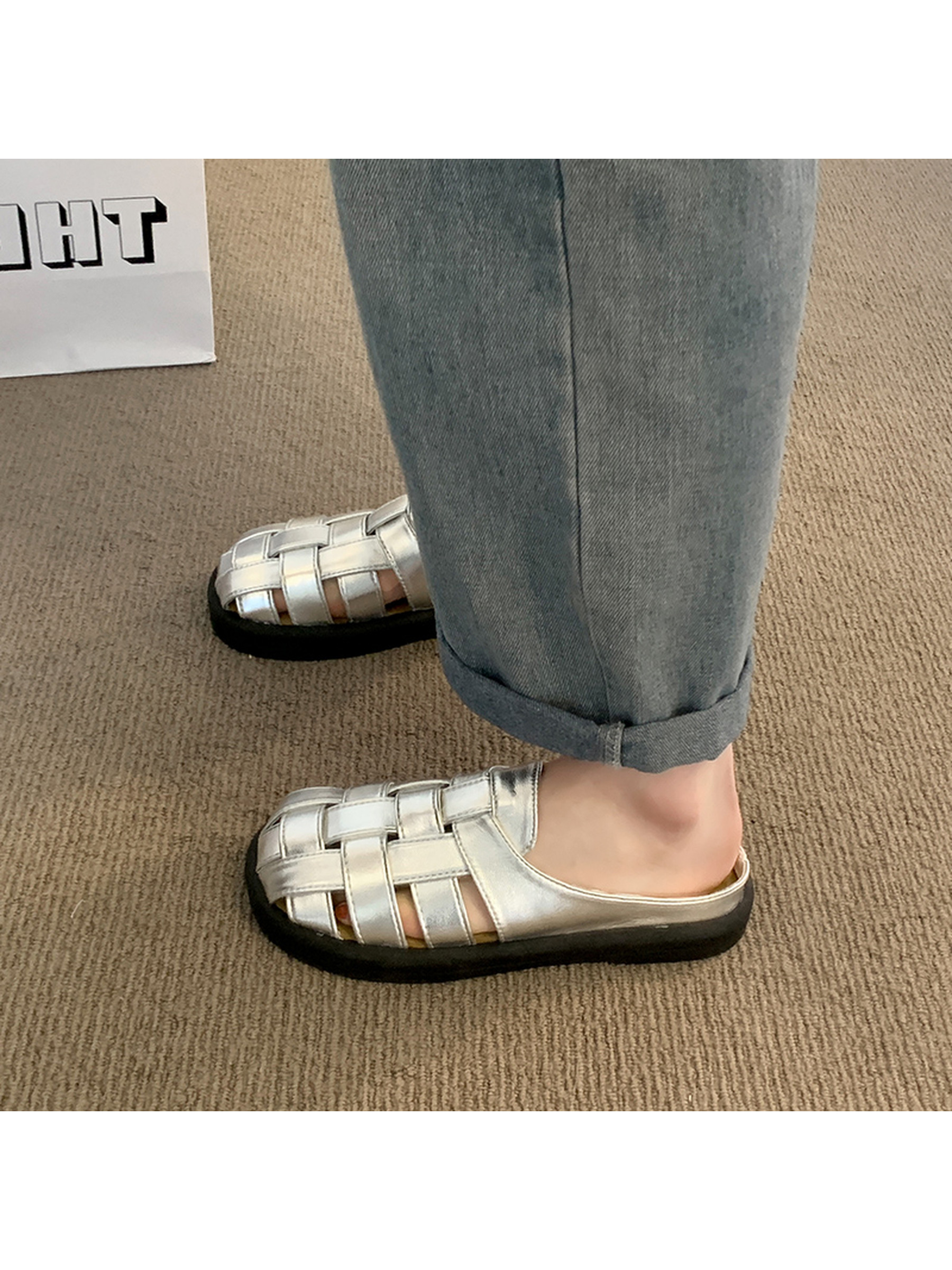 Silver Woven Flat Sandals