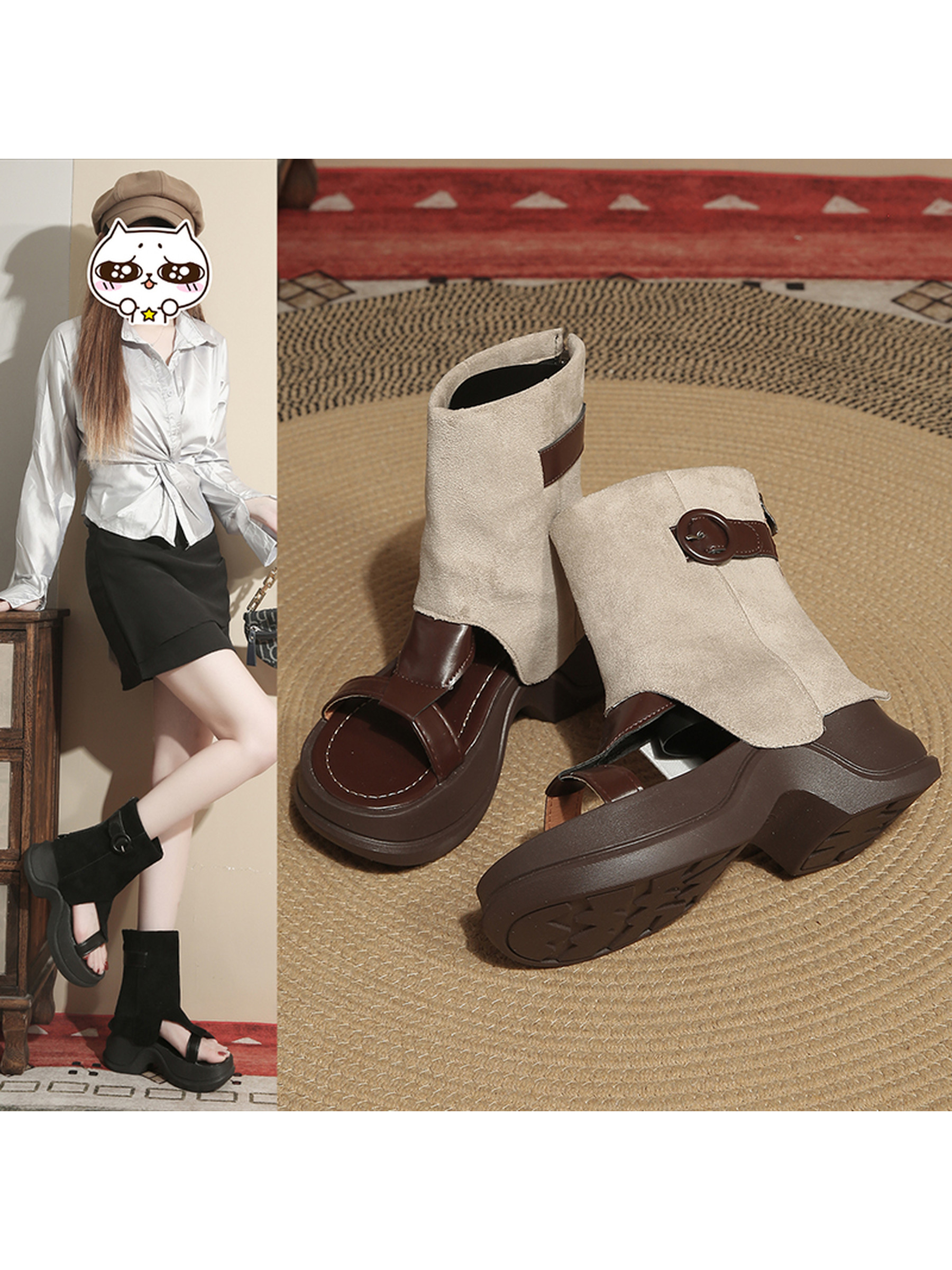 Women Beige Wedge Heel Sandals with Ankle Buckle Detail
