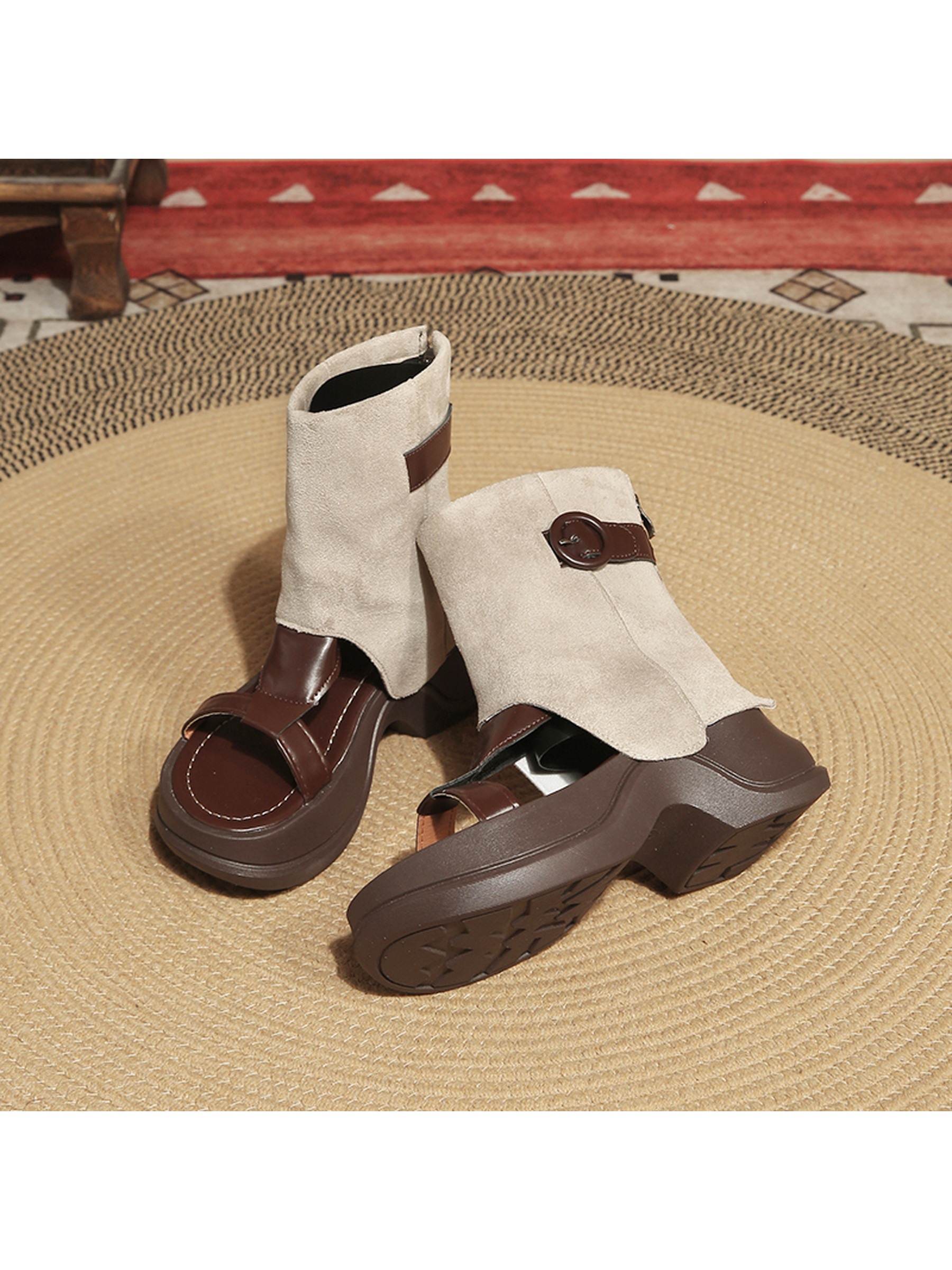 Women Beige Wedge Heel Sandals with Ankle Buckle Detail