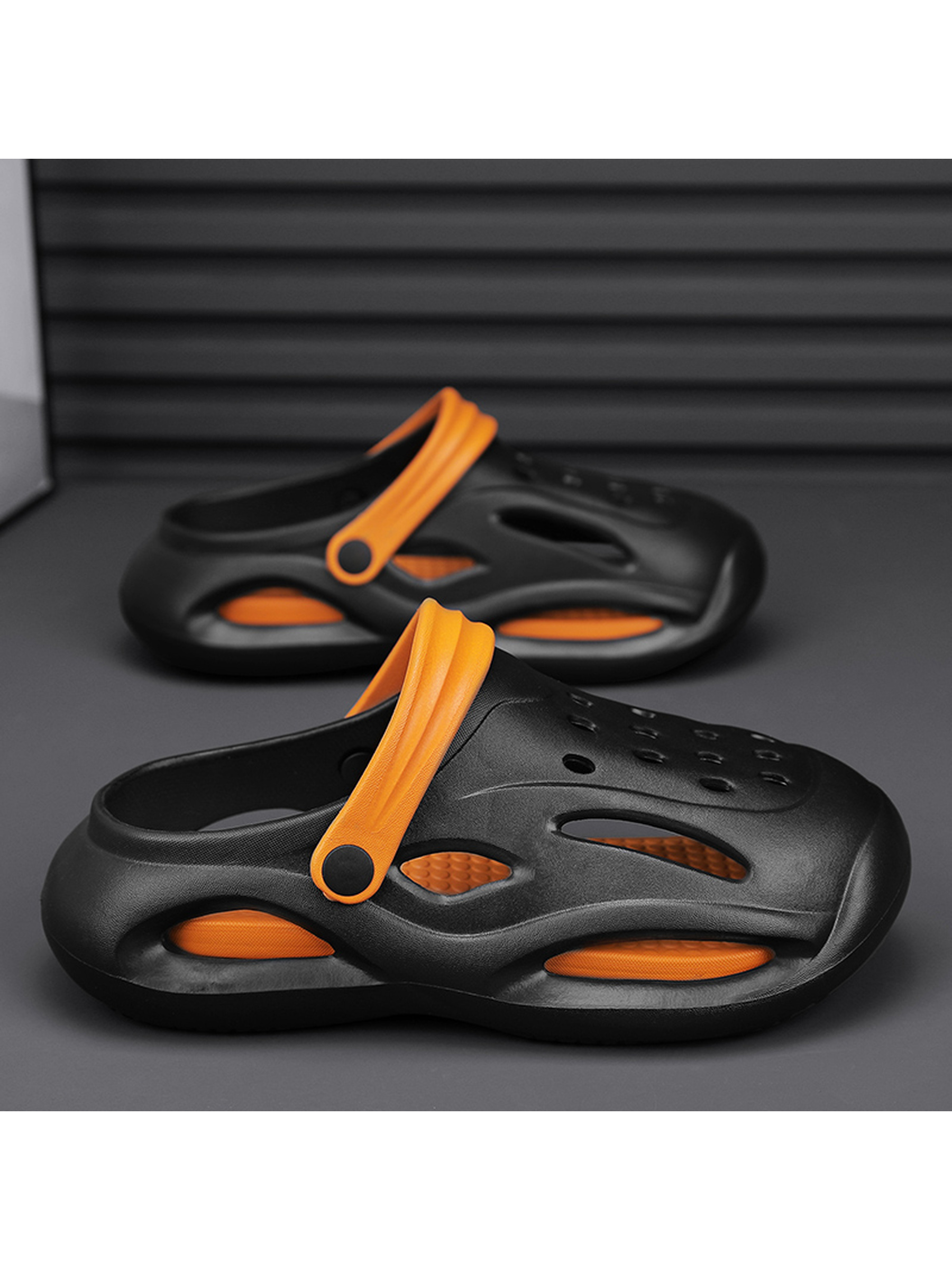 Black Mens Casual Sandals with Orange Accents