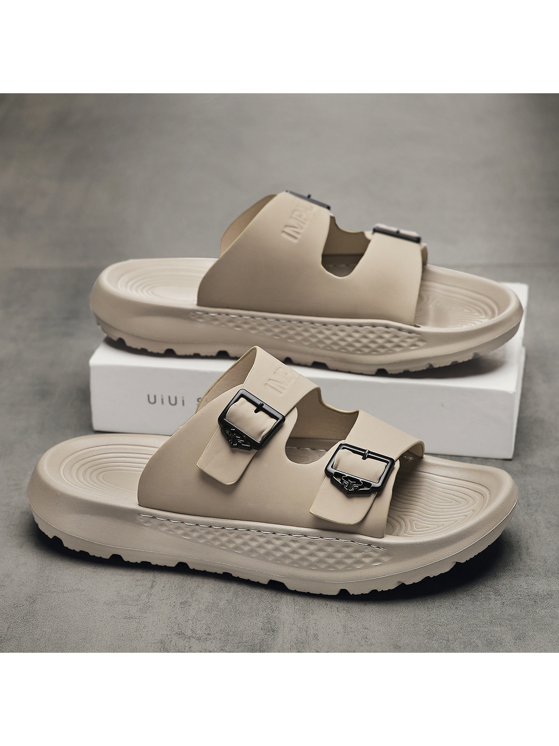 Beige Comfort Slides with Adjustable Buckles