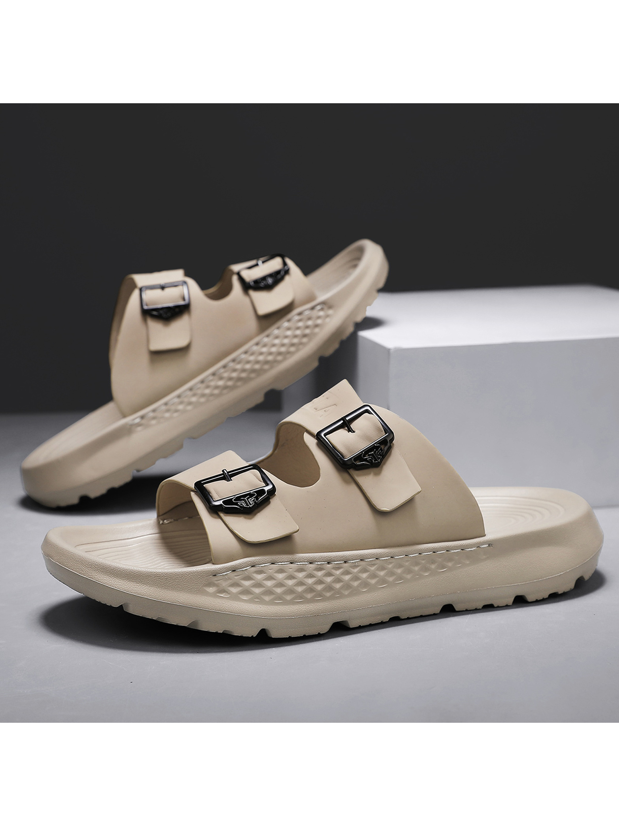 Beige Comfort Slides with Adjustable Buckles