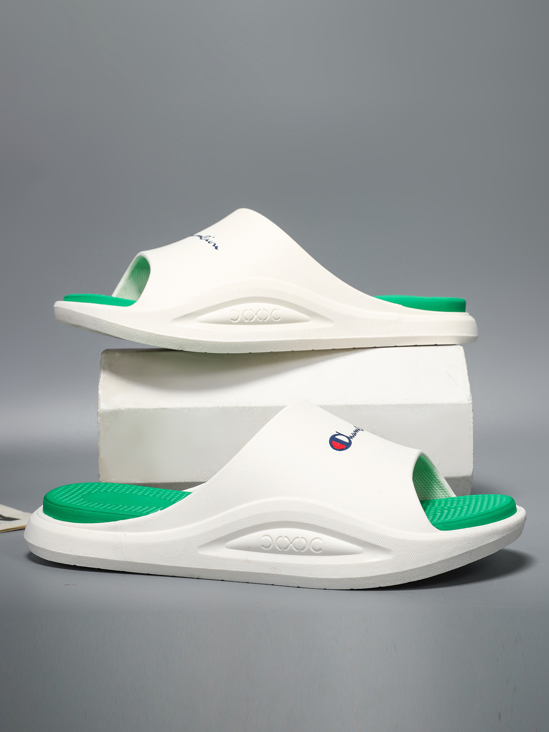 Mens Comfort Fit Green and White Slides