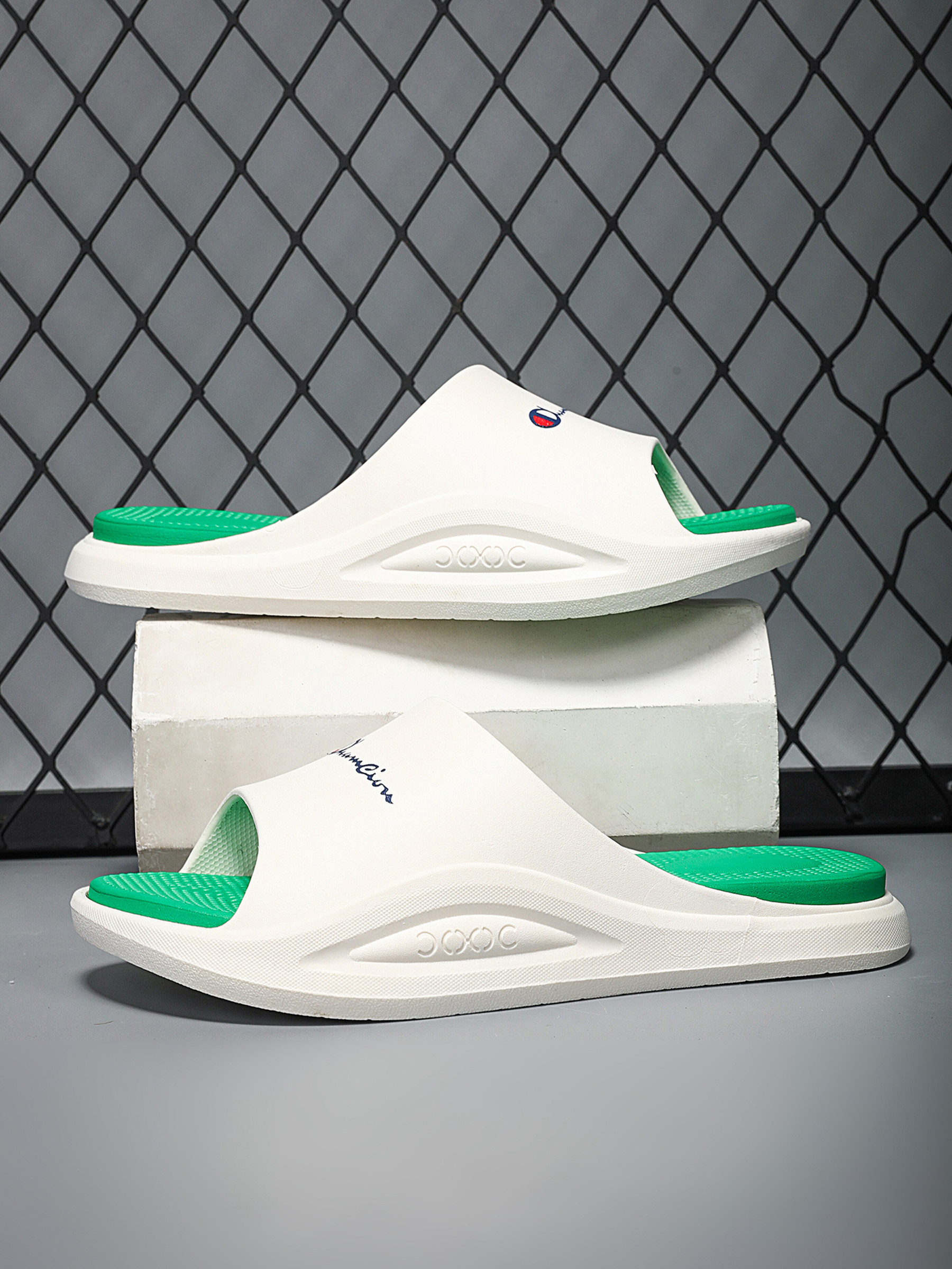 Mens Comfort Fit Green and White Slides