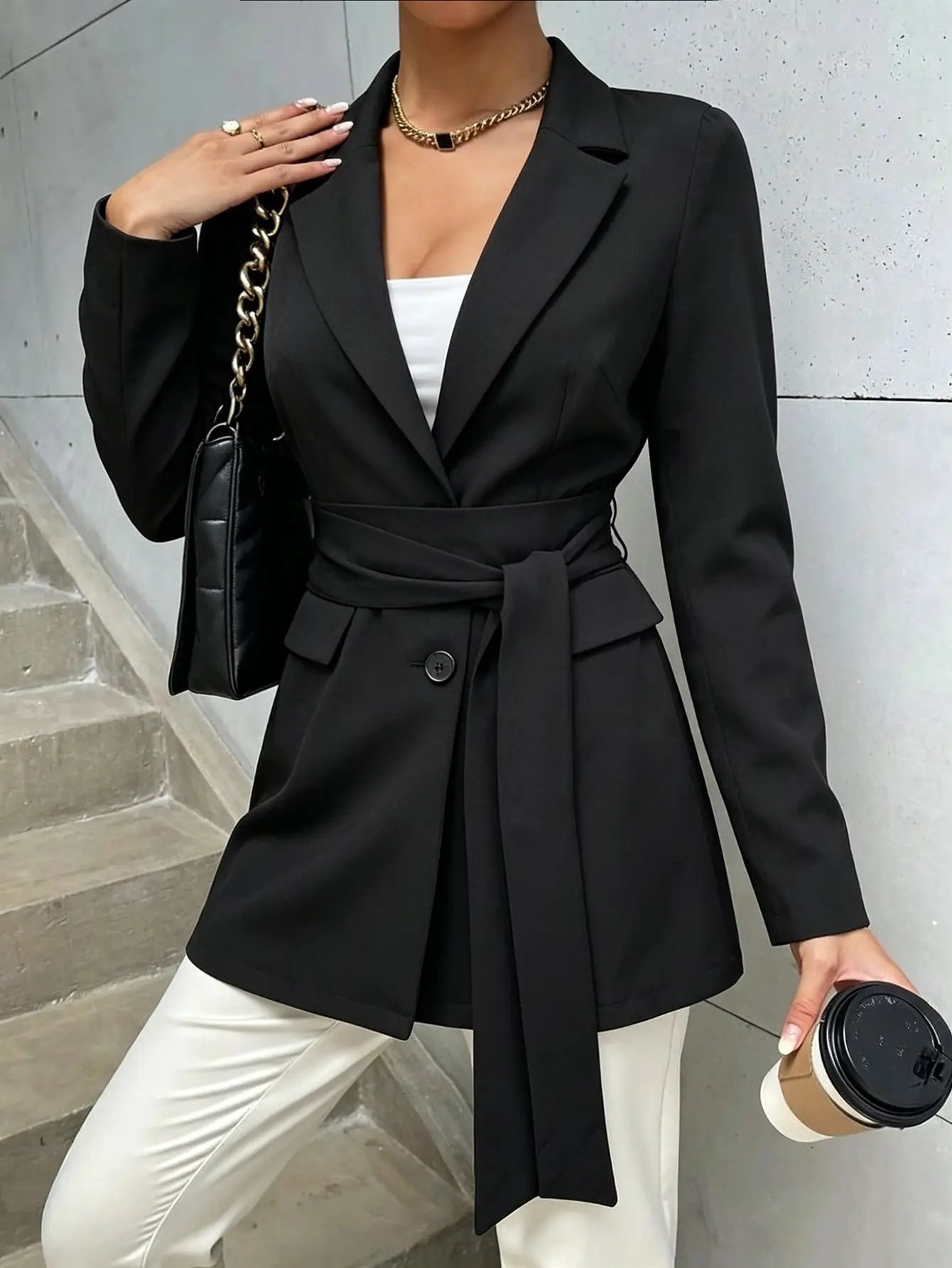 Black Belted Blazer Jacket with Button Closure