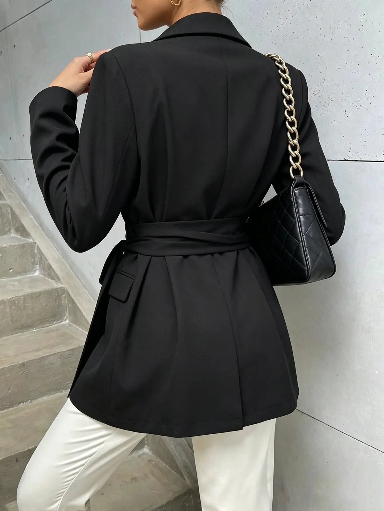 Black Belted Blazer Jacket with Button Closure